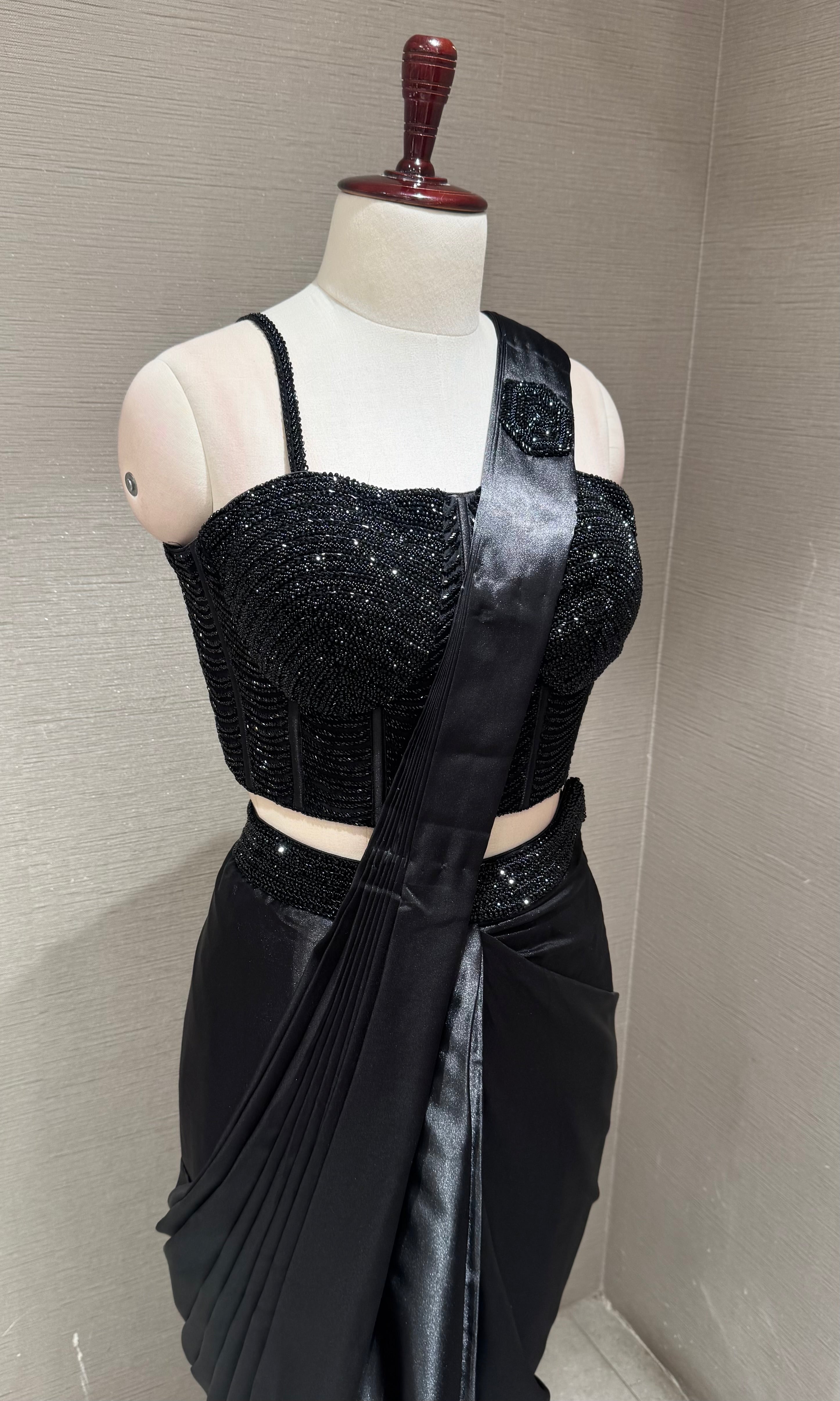 Black Midnight Satin Drape Saree Set
