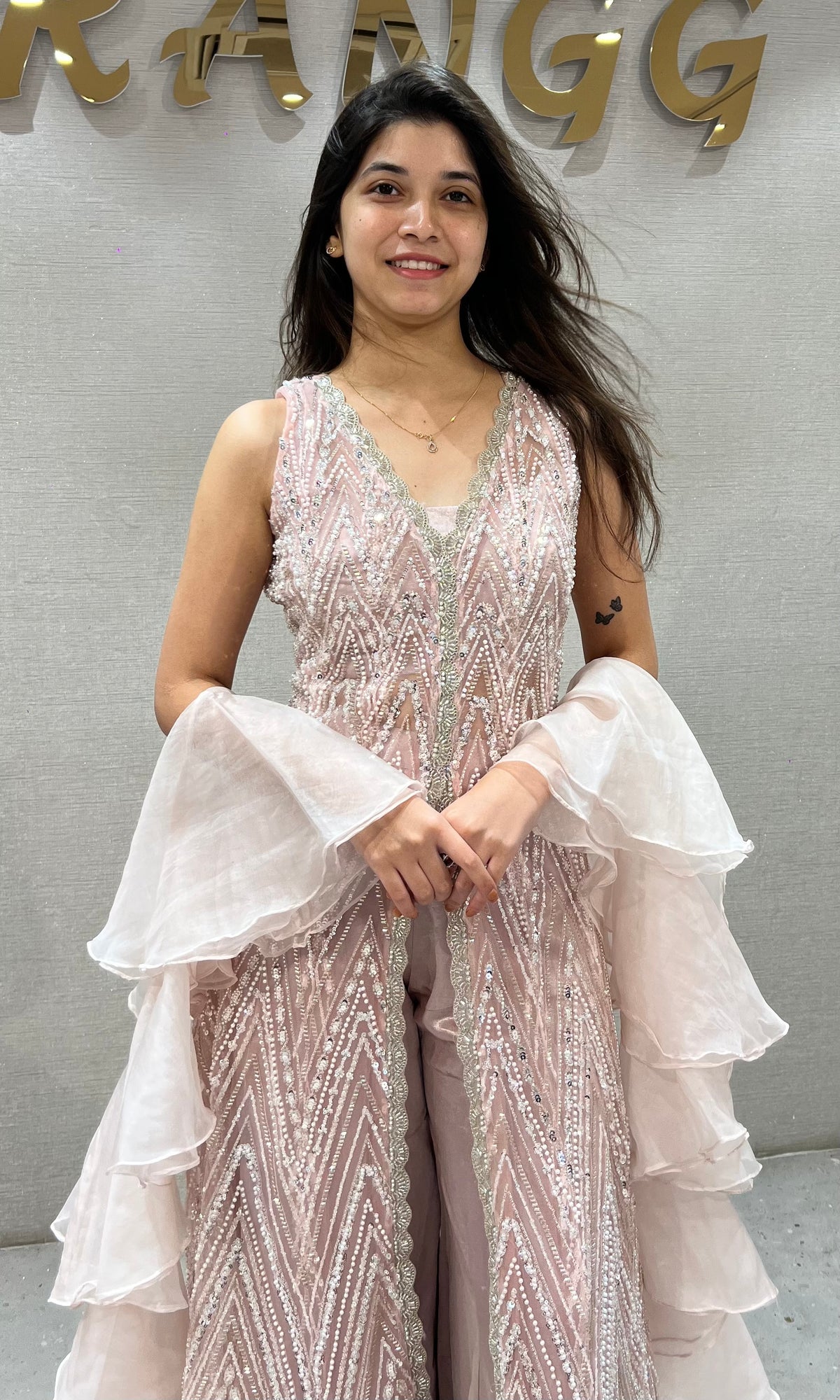 Rose Gold Sequined Peplum Palazzo Set with Organza Frill Dupatta