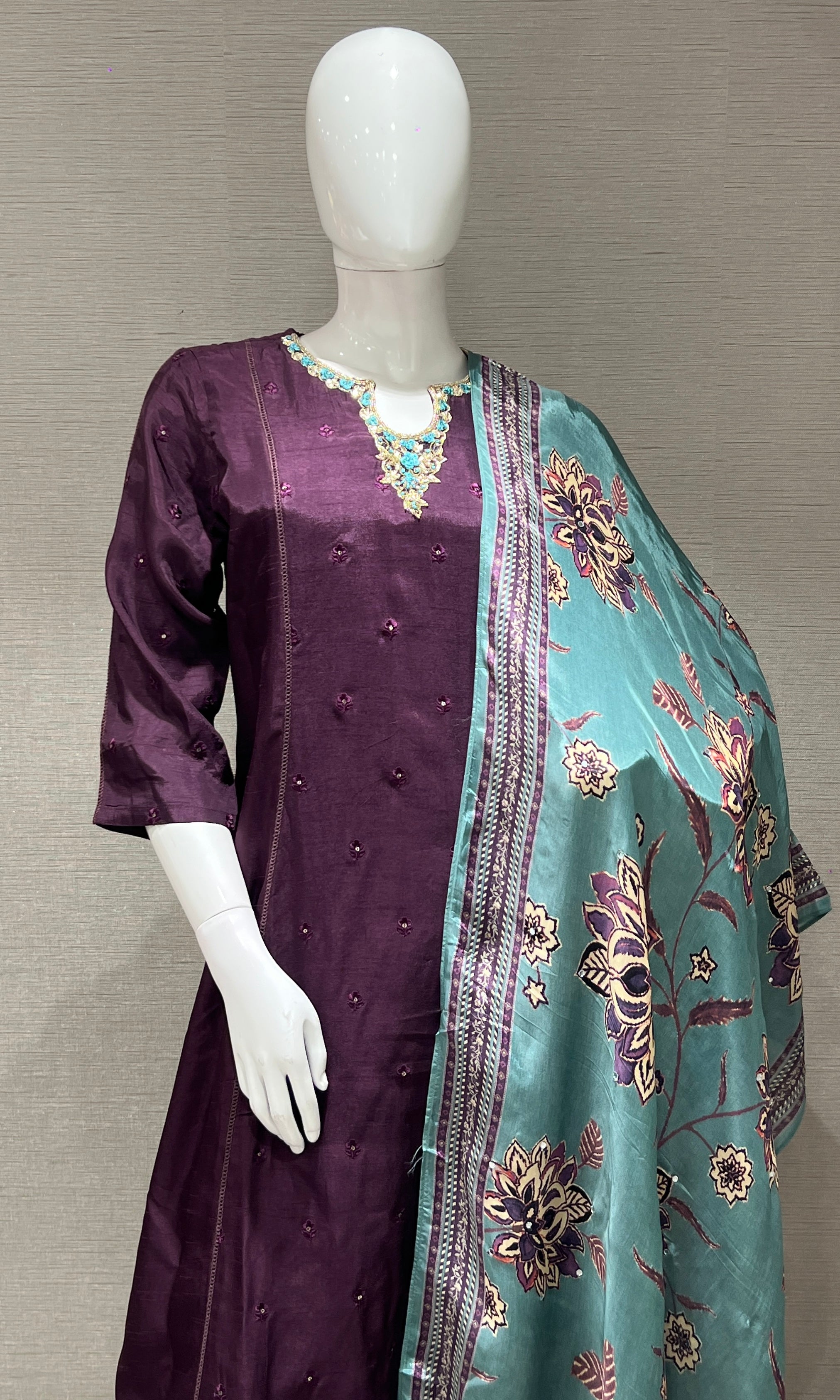 wine kurta set with floral printed dupatta