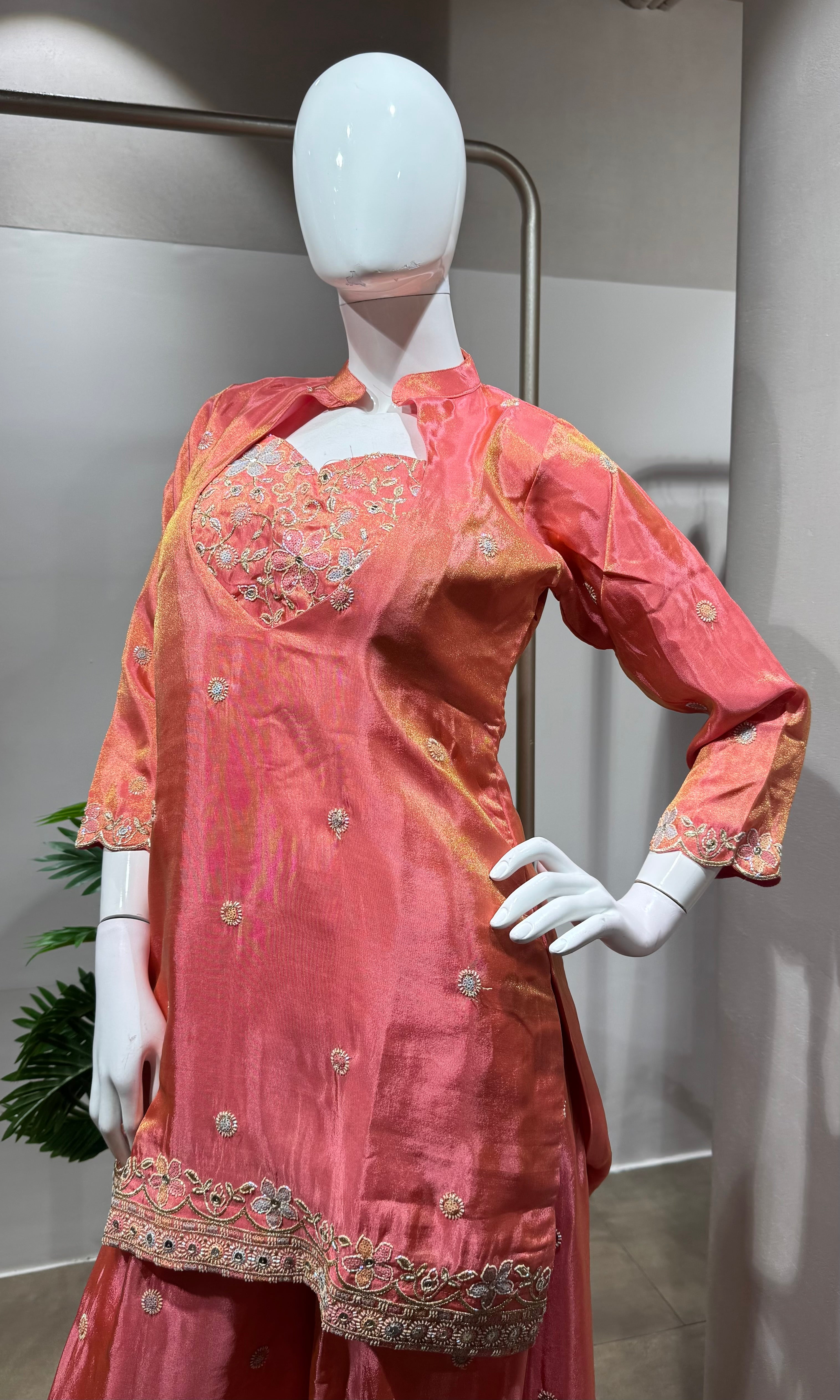 PINK Embroidered Coral PALAZZO Suit