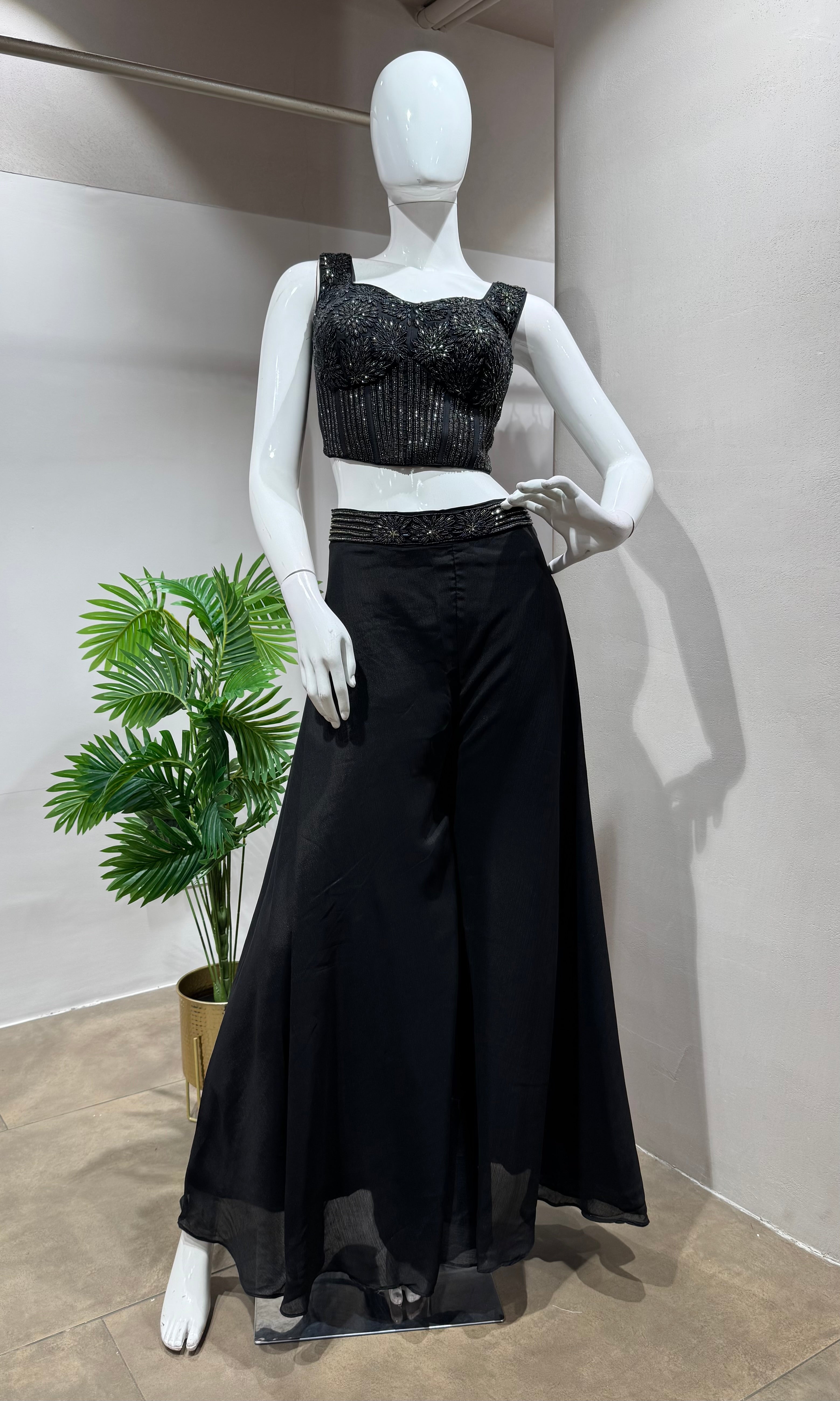 BLACK Embroidered Crop Top with Dhoti Skirt