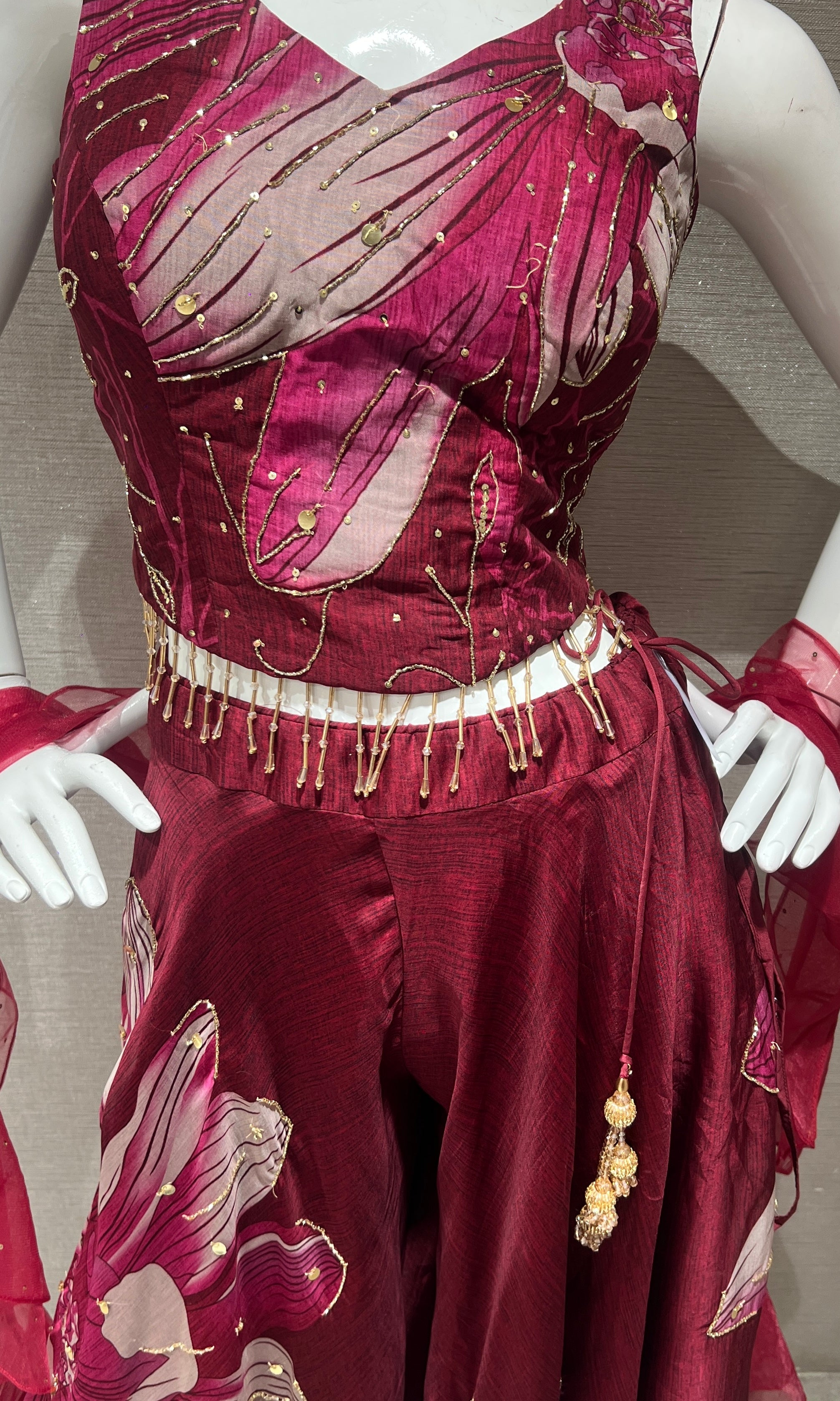 Wine Red Floral Organza Palazzo Ensemble