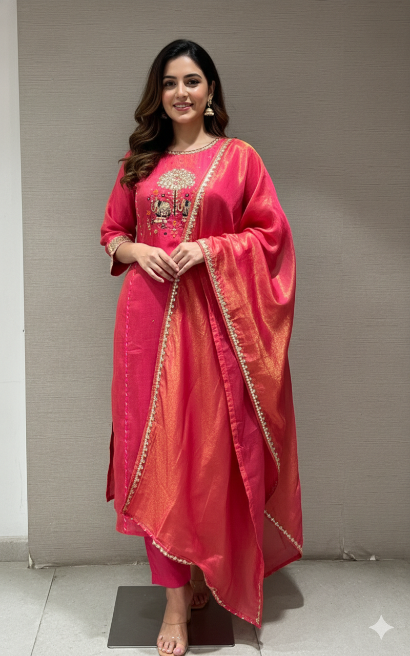 pink EMBROIDERED kurta set with dupatta