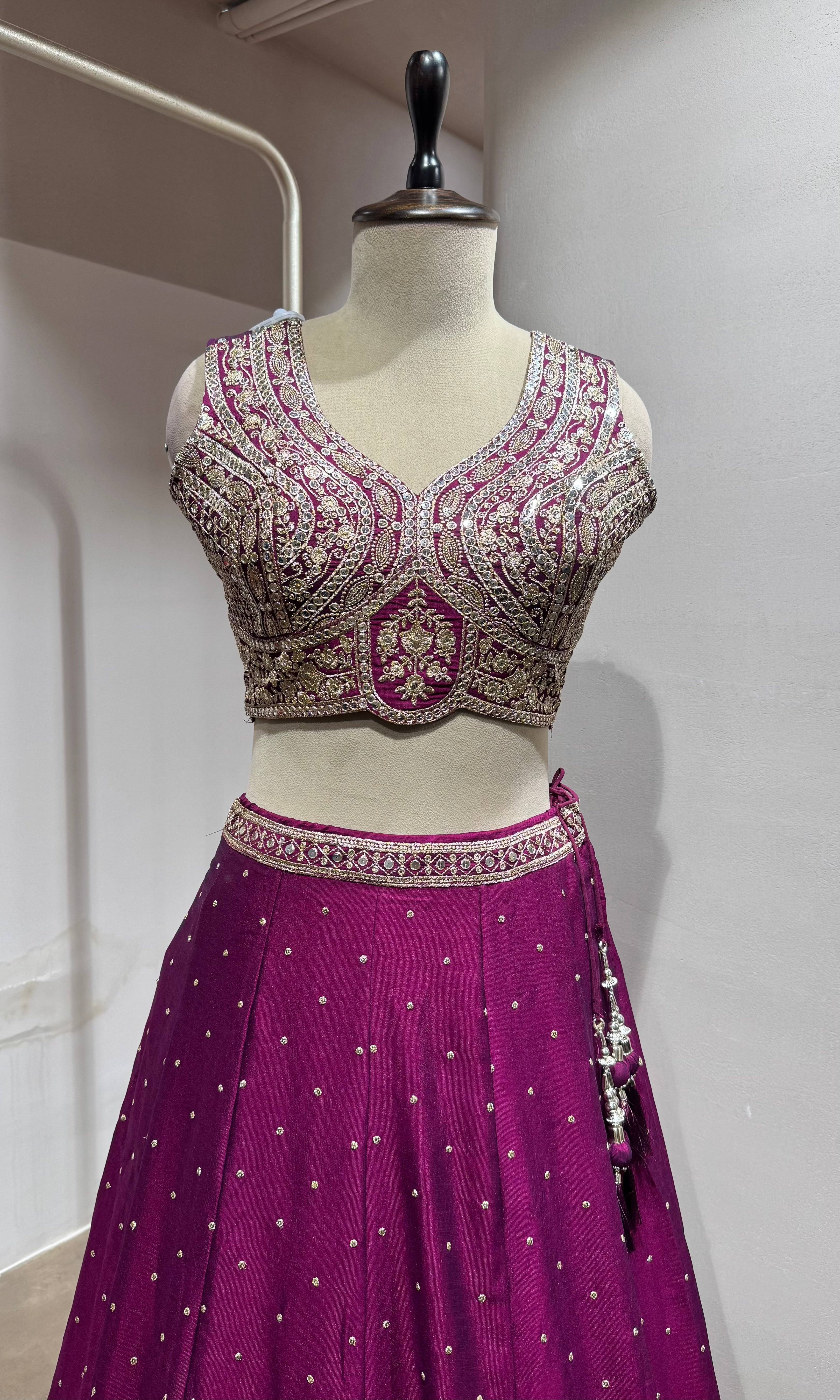Wine Floral Intricate Embroidery Lehenga