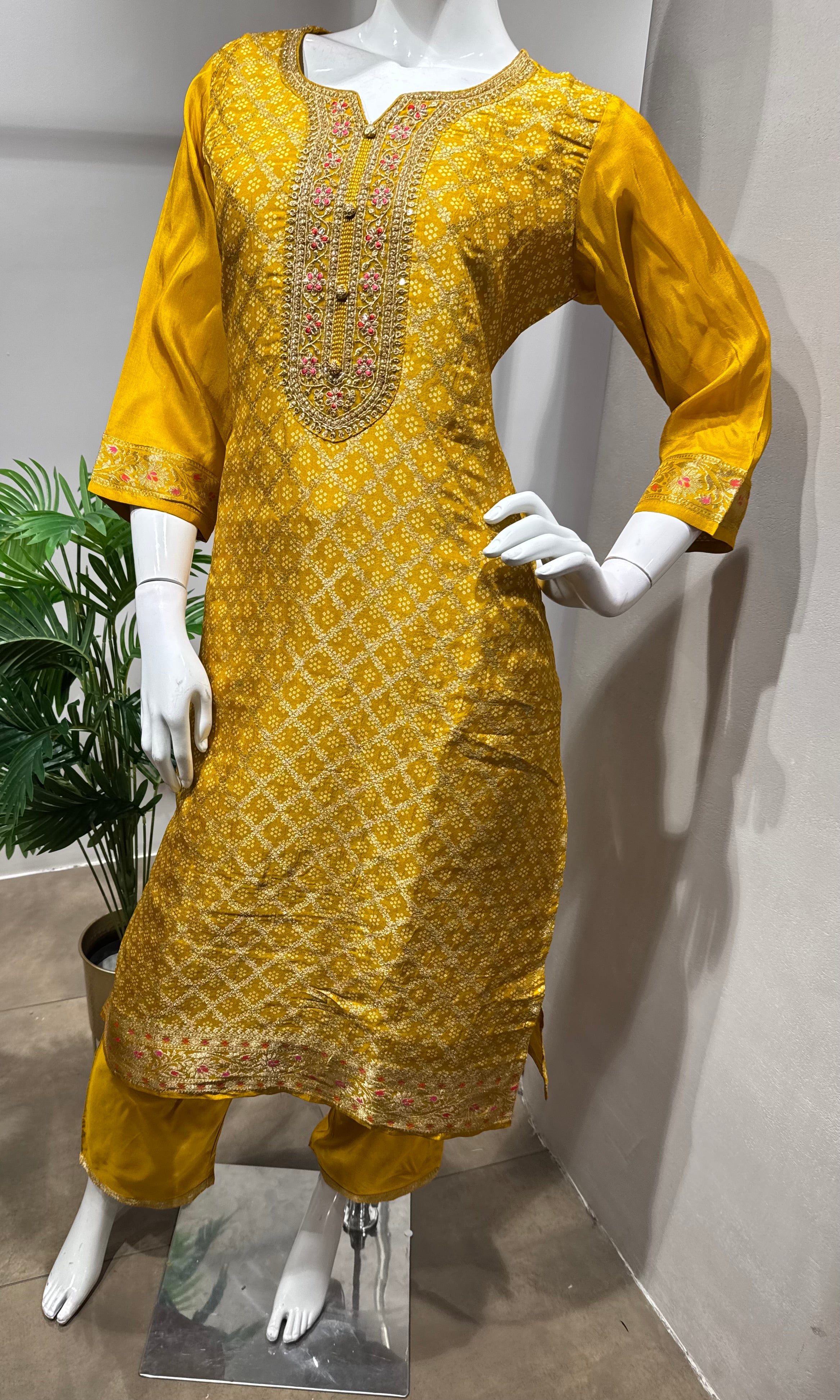 Mustard Yellow Embroidered Kurta Set