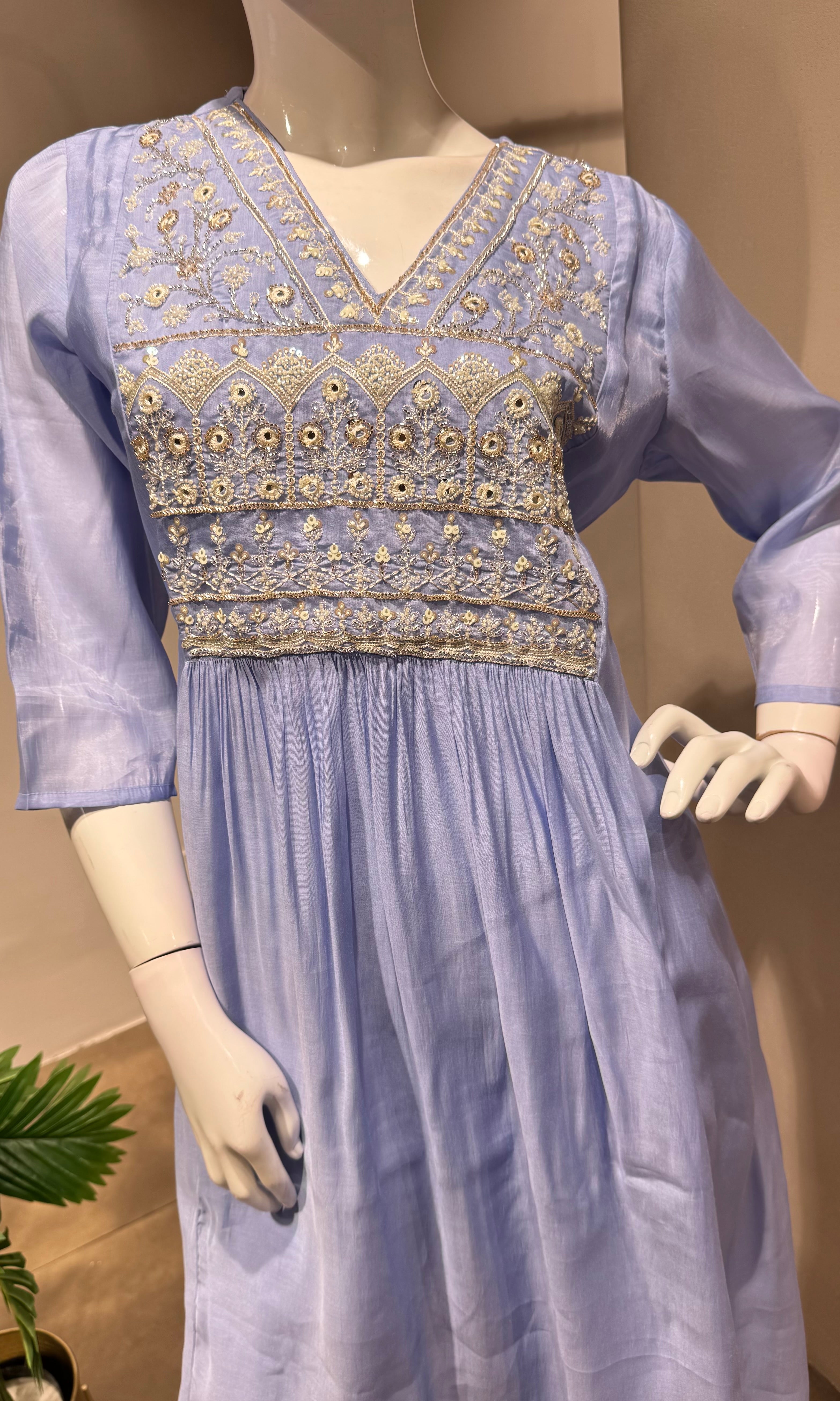Sea blue pearl mul chanderi kurta set