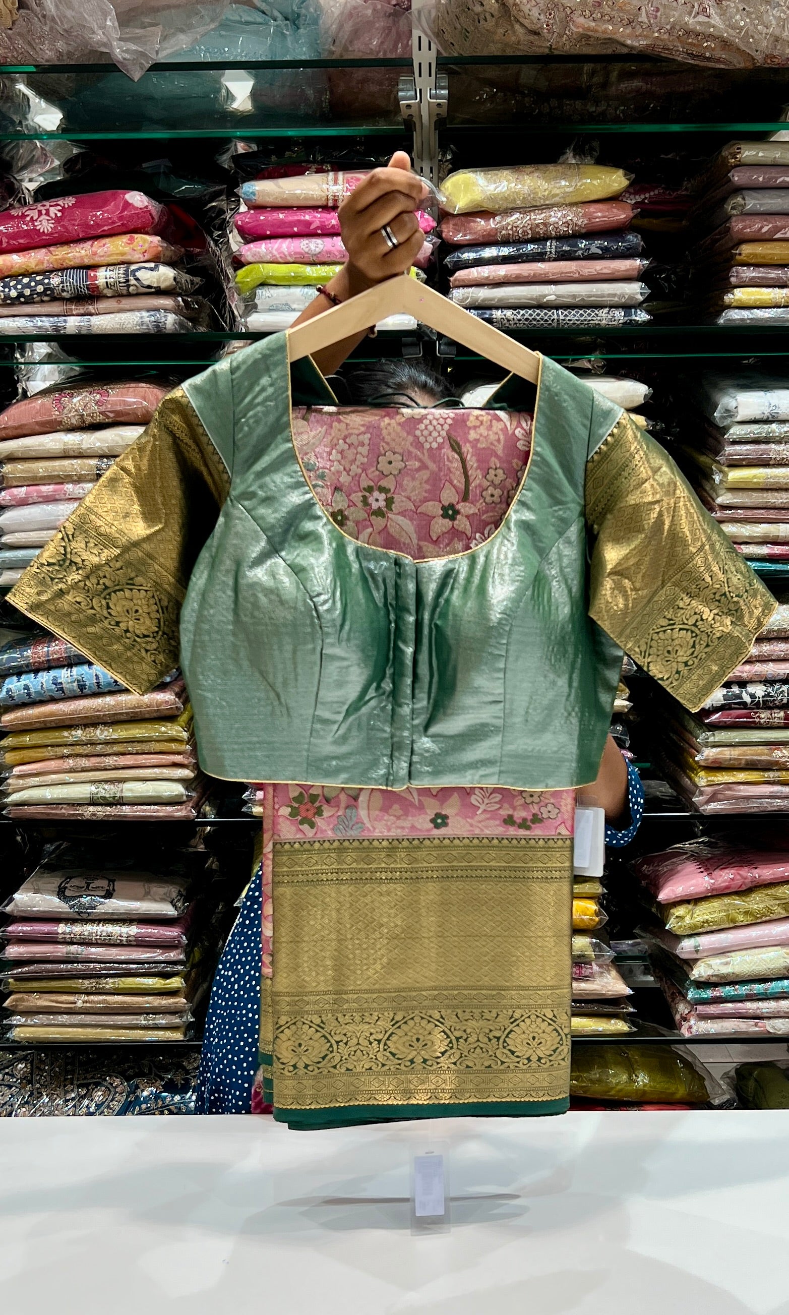 Green and pink saree with ready blouse