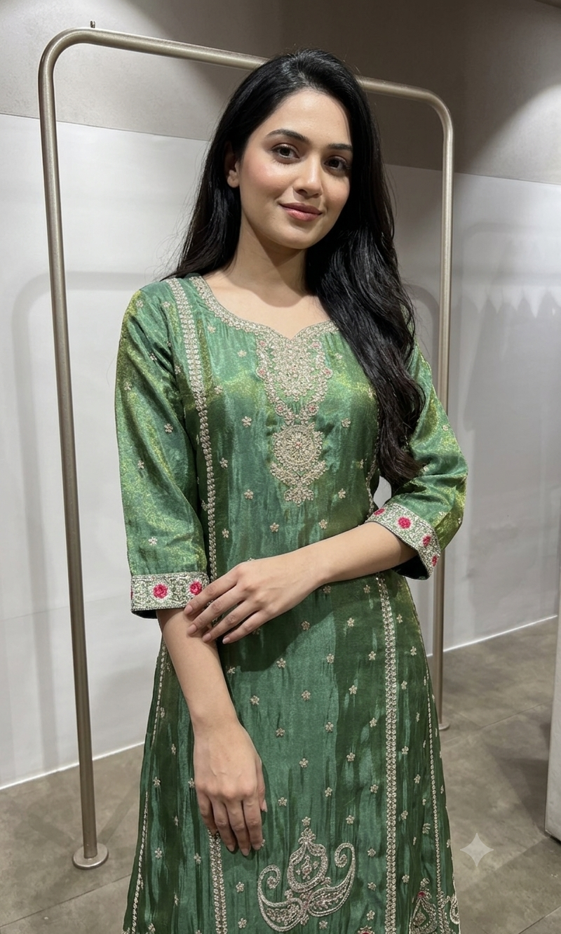 Green Silk Embroidered Kurta Suit with Dupatta