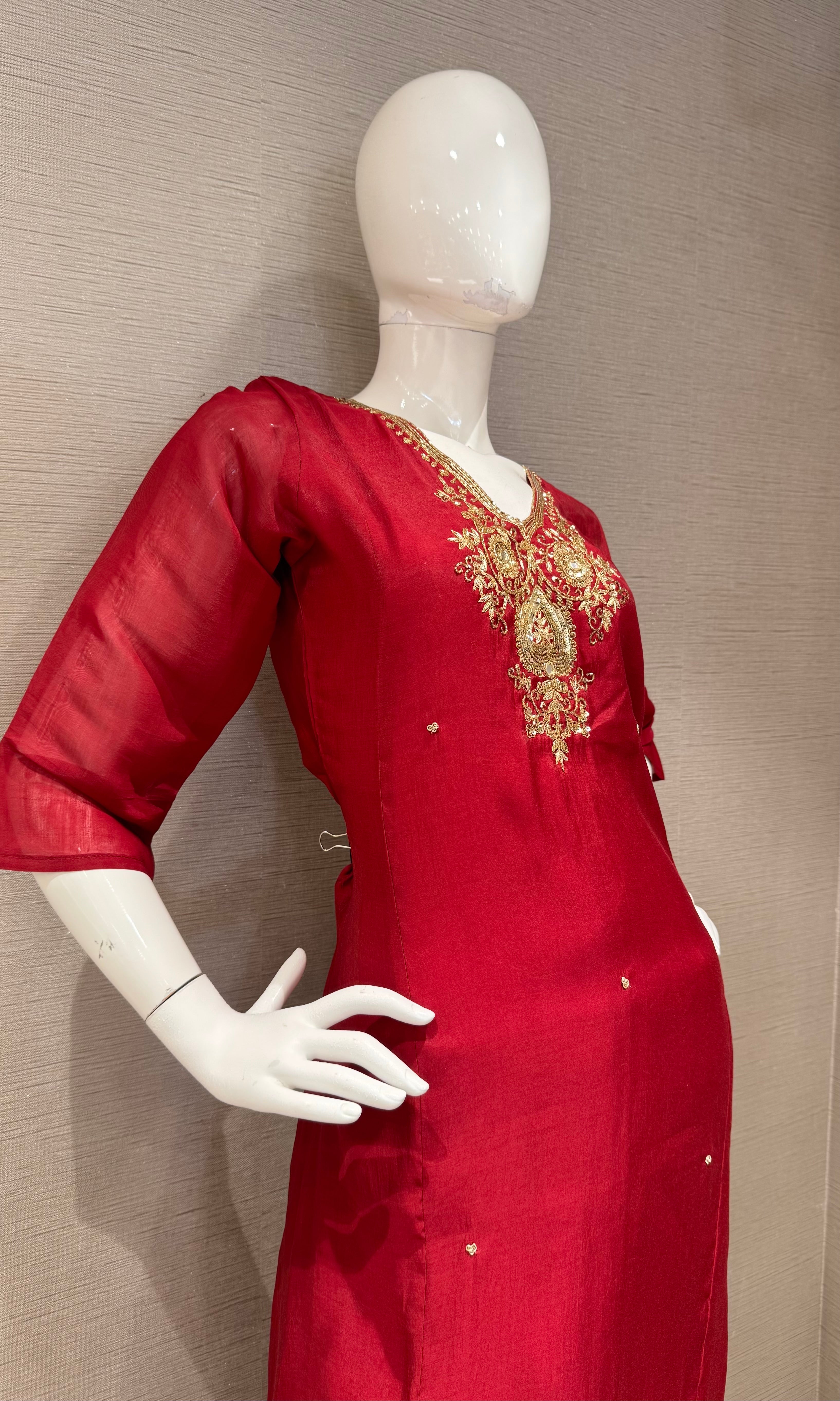 Maroon embroidered Silk Kurta Set with Sheer Dupatta
