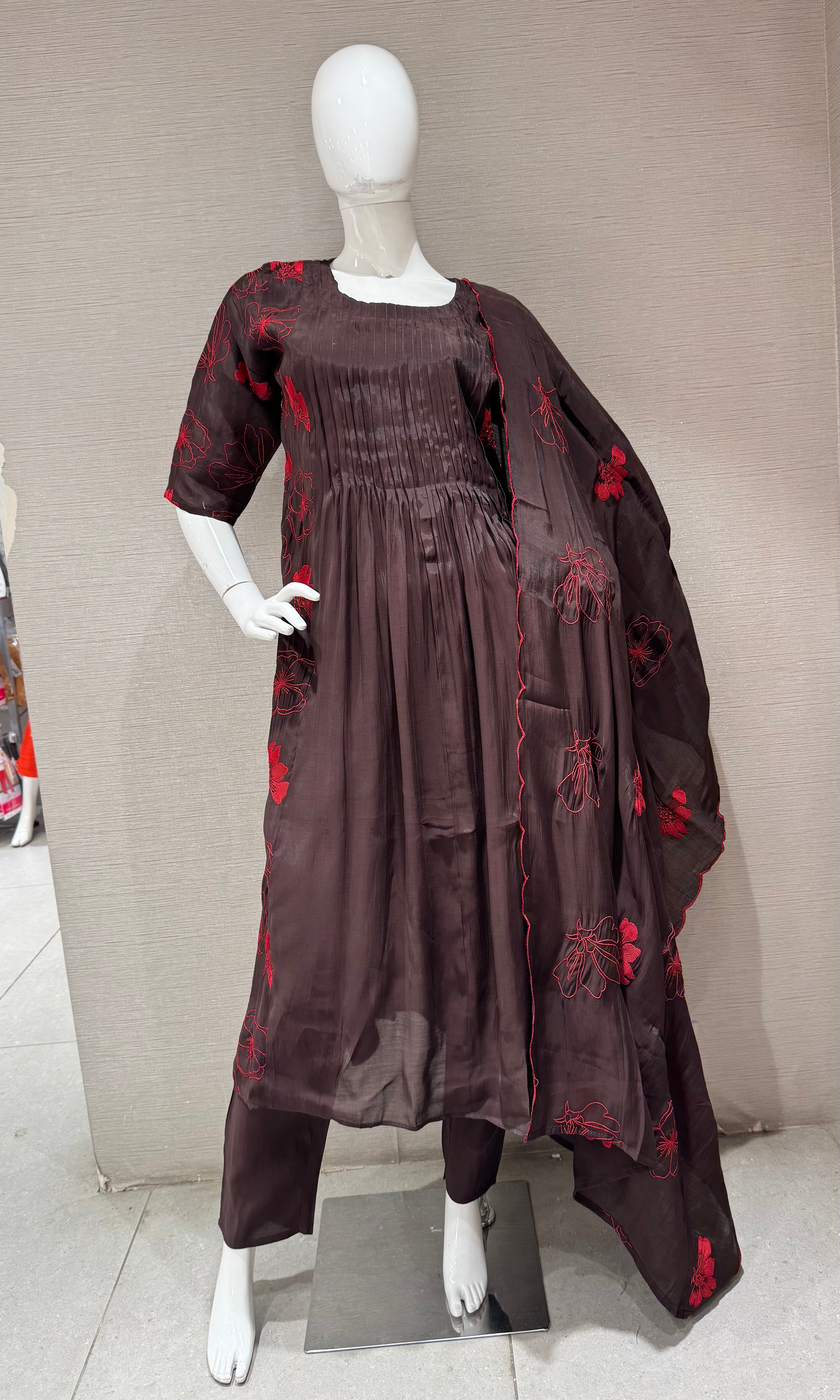 Deep Brown Floral Mul chanderi Kurta Set with Dupatta