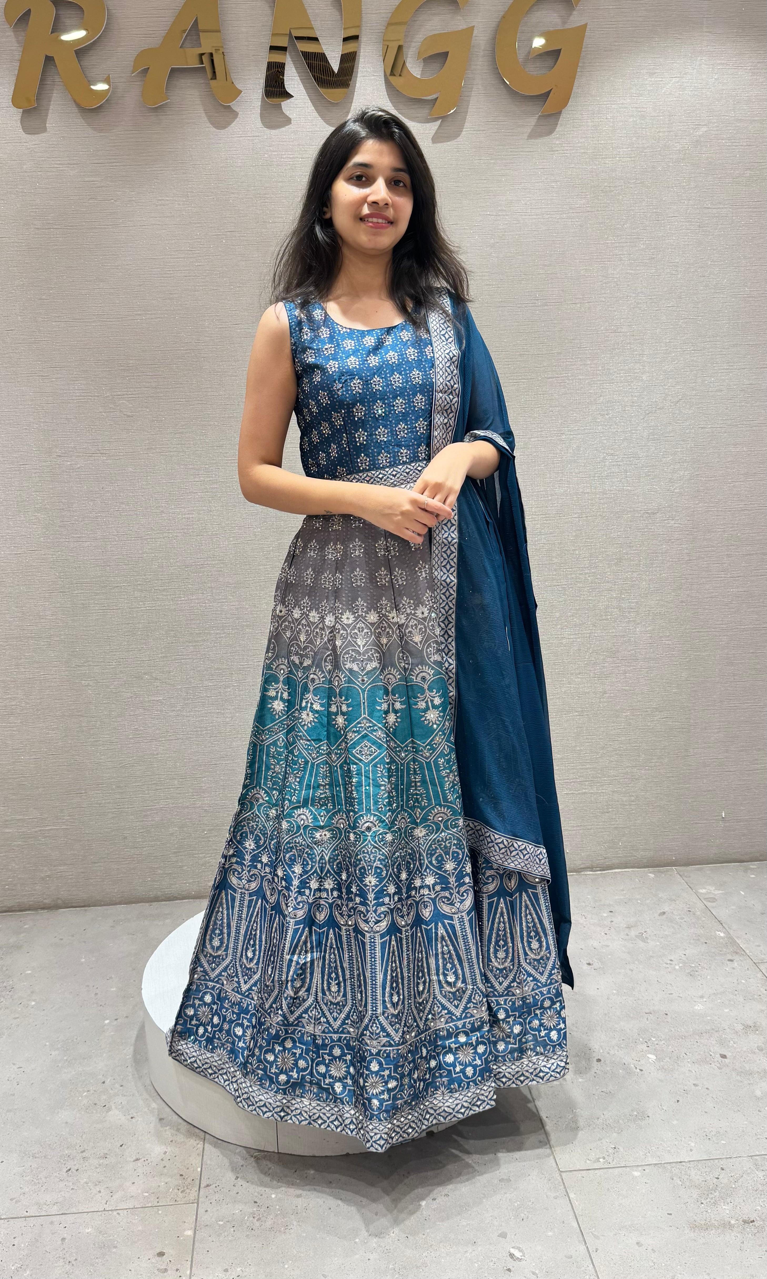 blue and grey embroidered anarkali