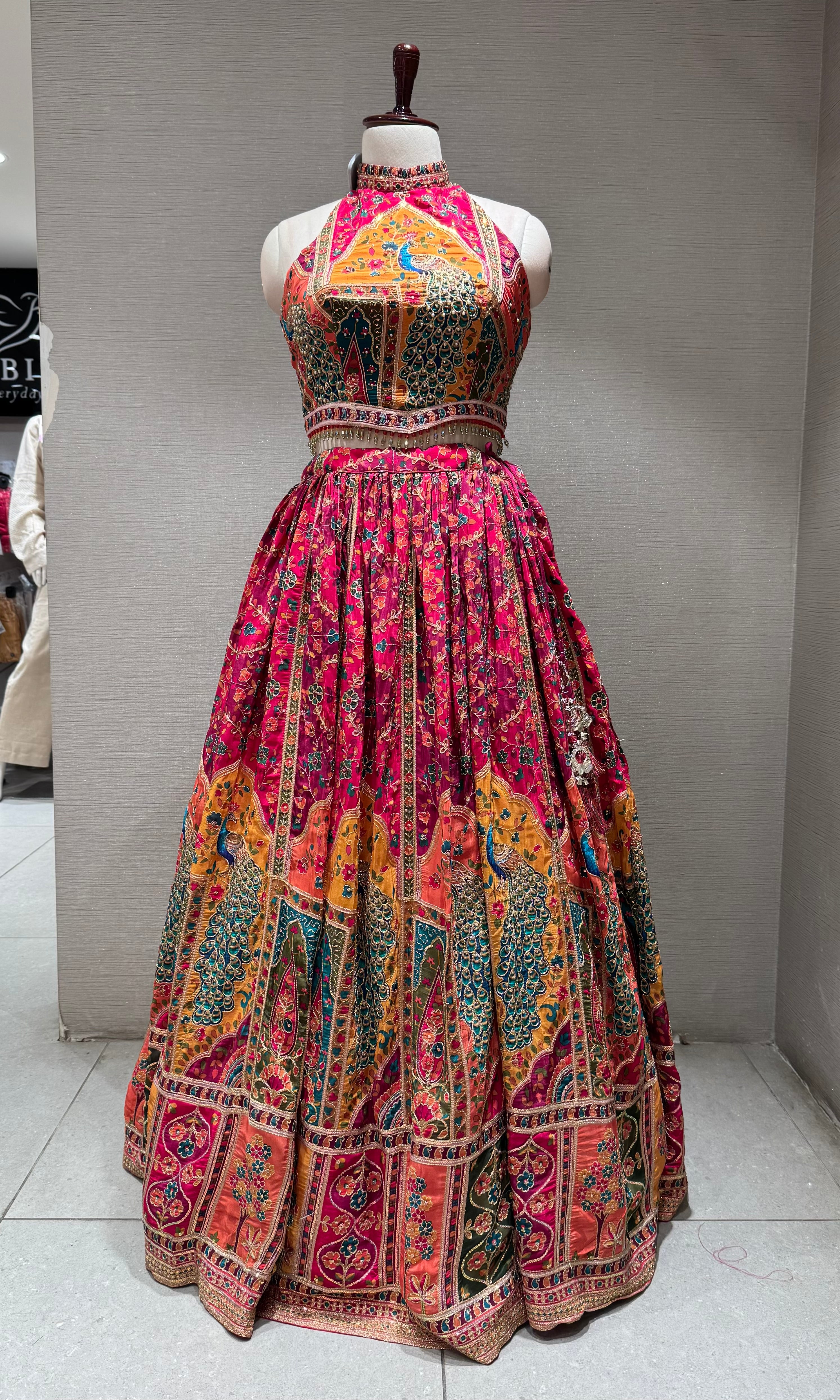 pink Mayur Pichwai halter neck Lehenga set