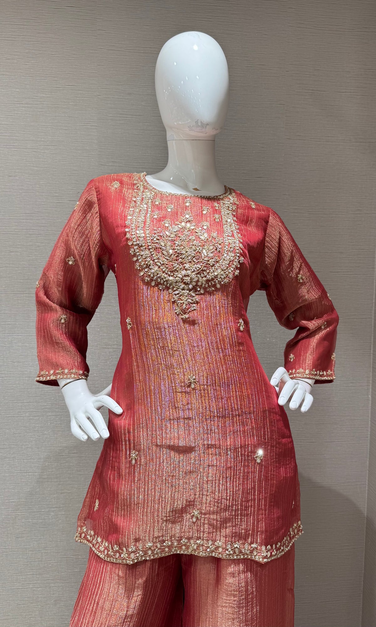 RUST TISSUE SILK EMBROIDERED SHARARA SET WITH DUPATTA