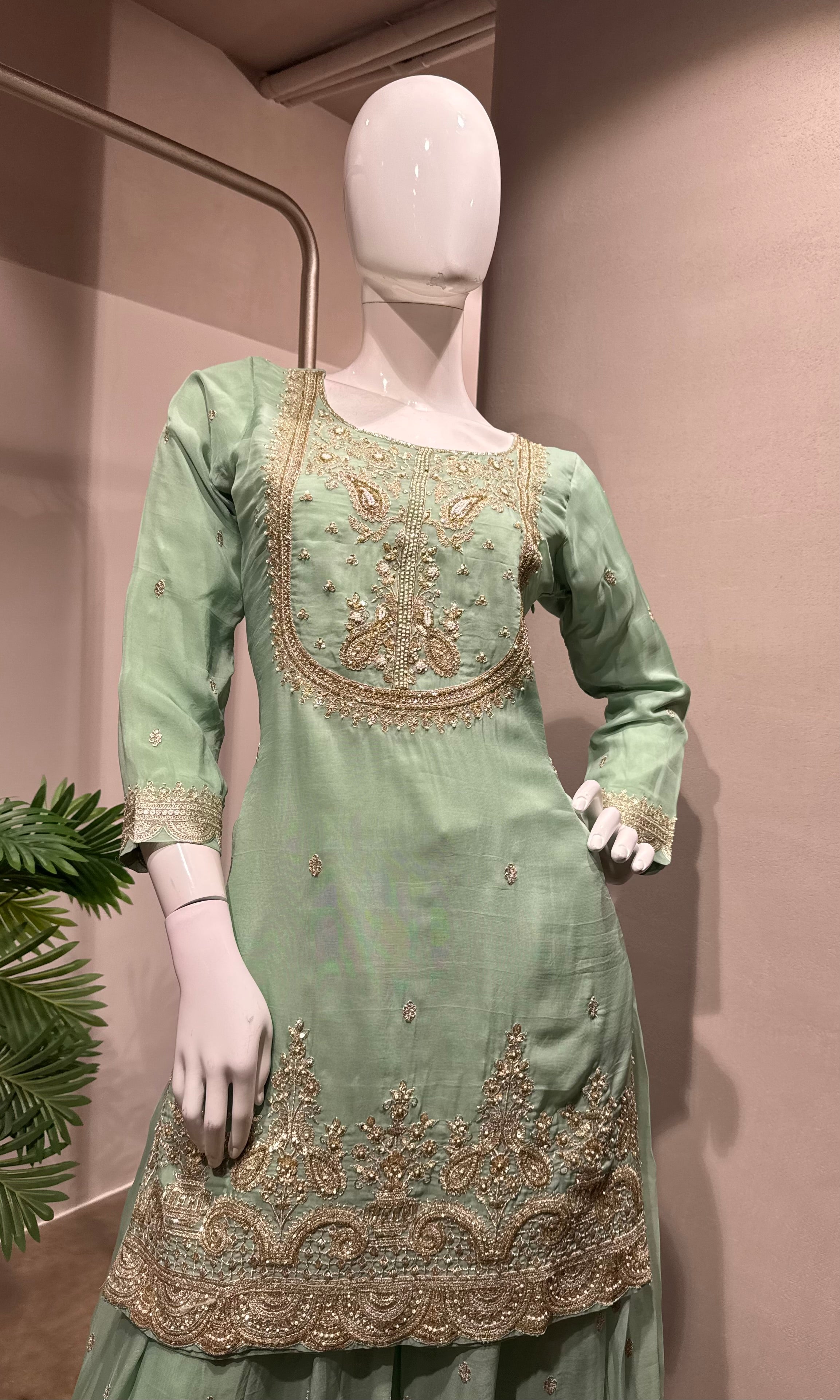 green silk embroidered sharara set