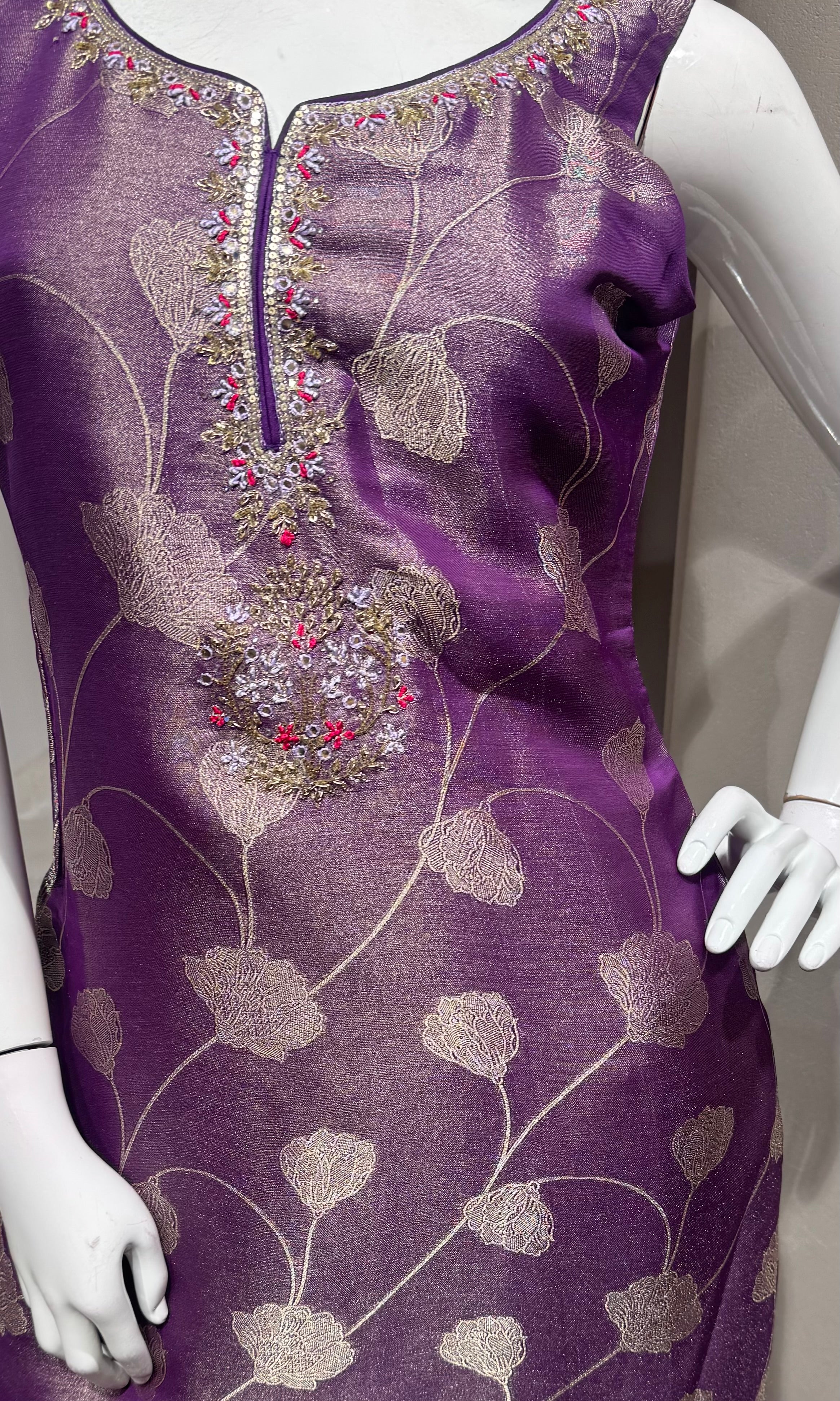 purple and gold Banarasi ethnic kurta set