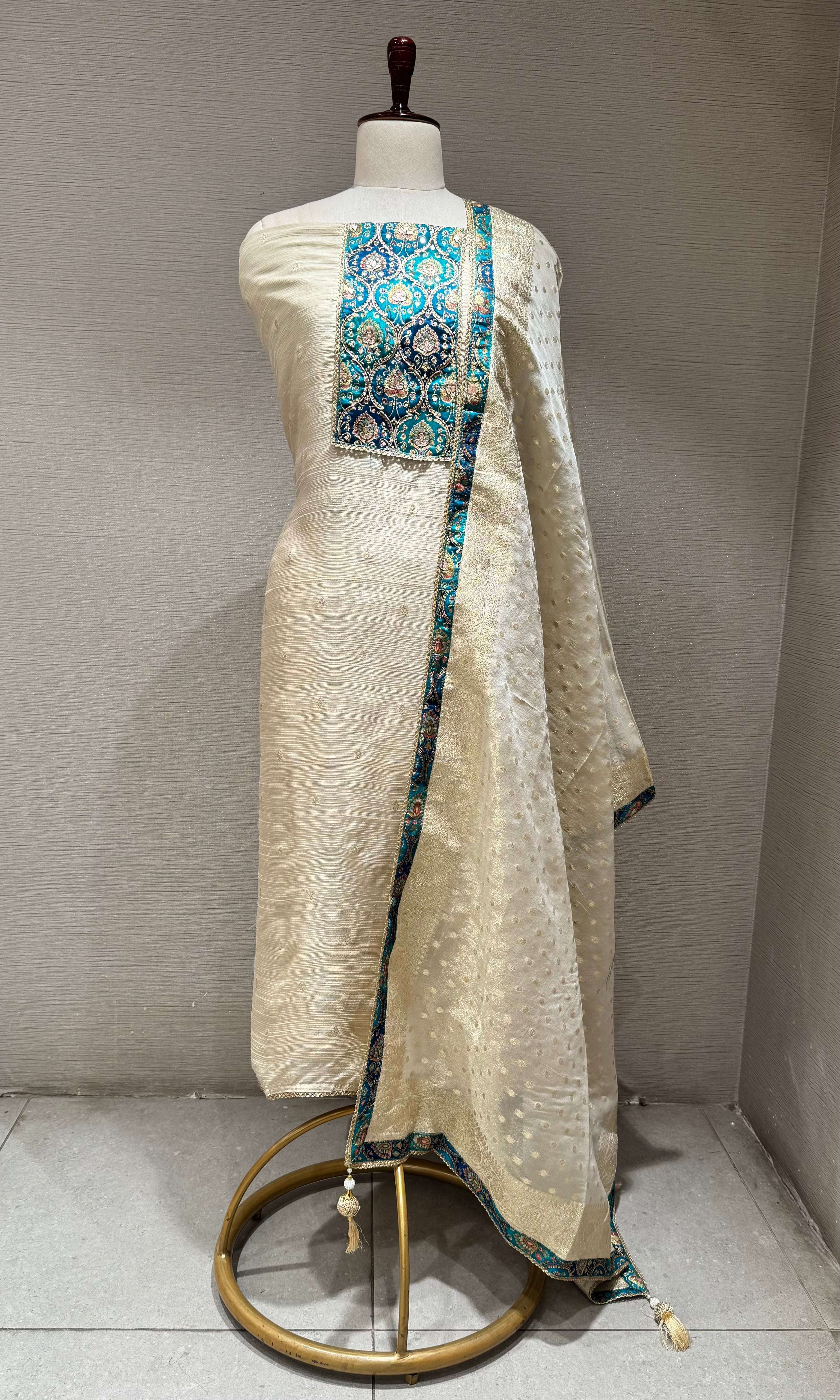 Teal Embroidered Ivory Dress Material