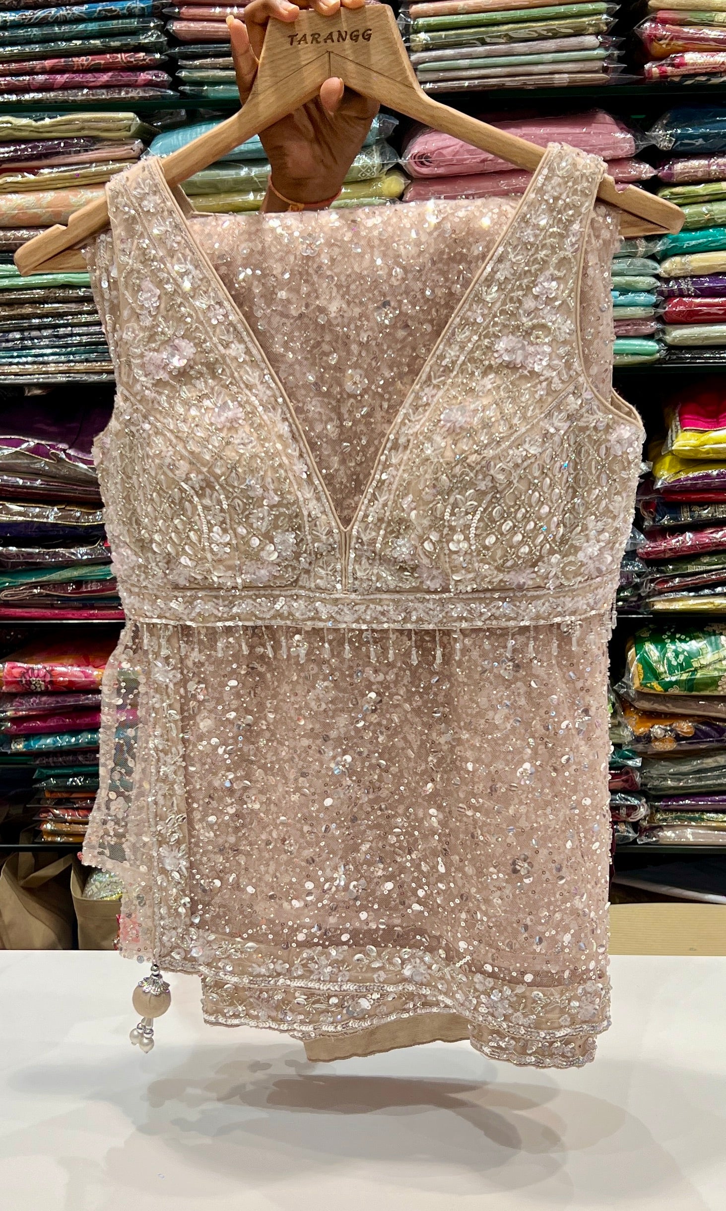 Light peach saree will ready blouse