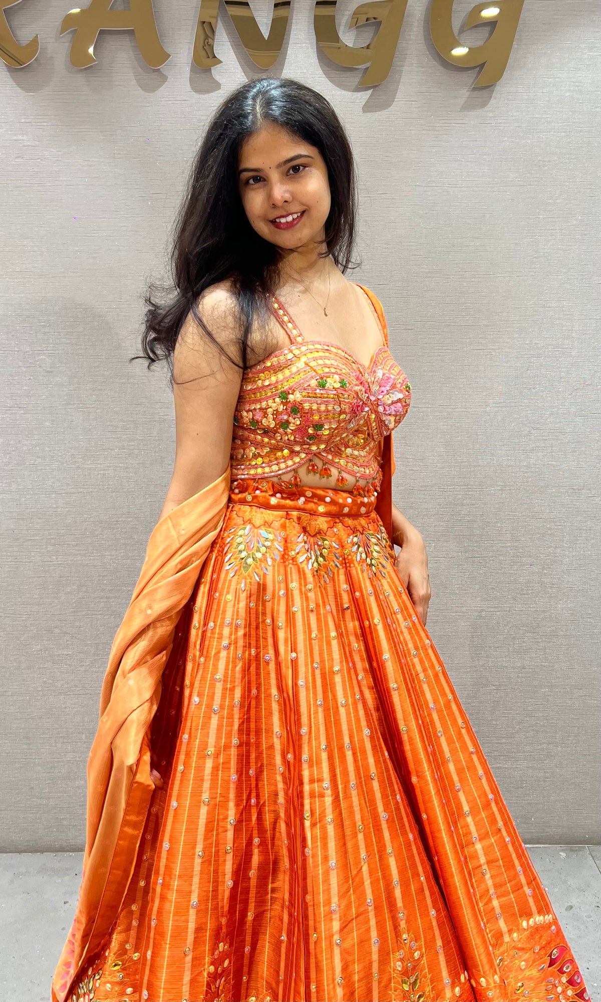 Orange Embroidered Organza Lehenga Choli Set