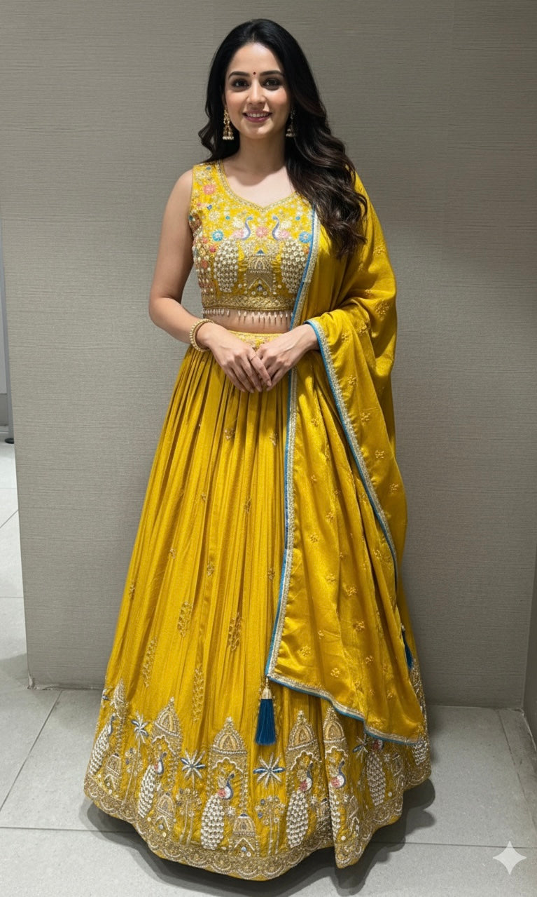 Yellow peacock embroidered Lehenga