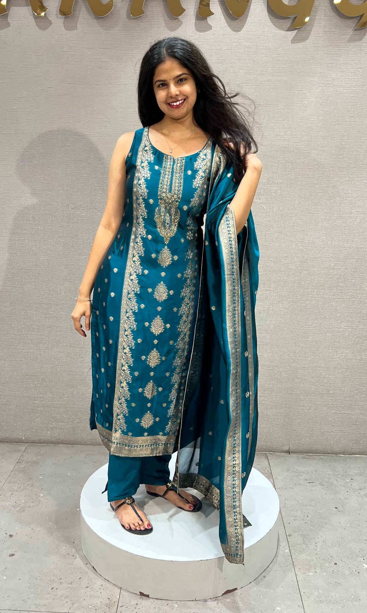 Peacock Blue & Golden silk Ethnic Kurta set with Dupatta