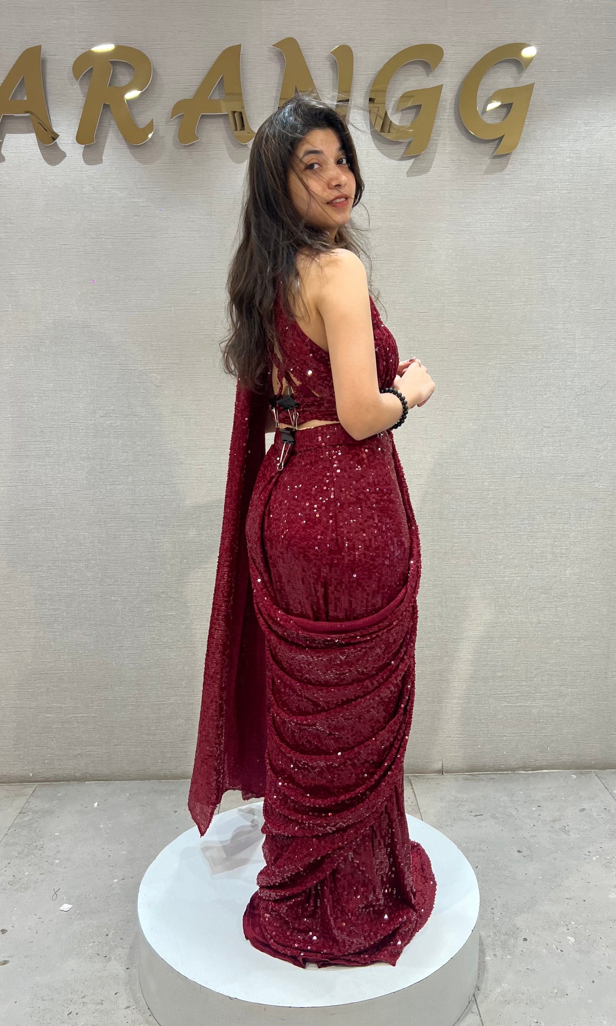 Maroon Georgette Sequined Draped Saree