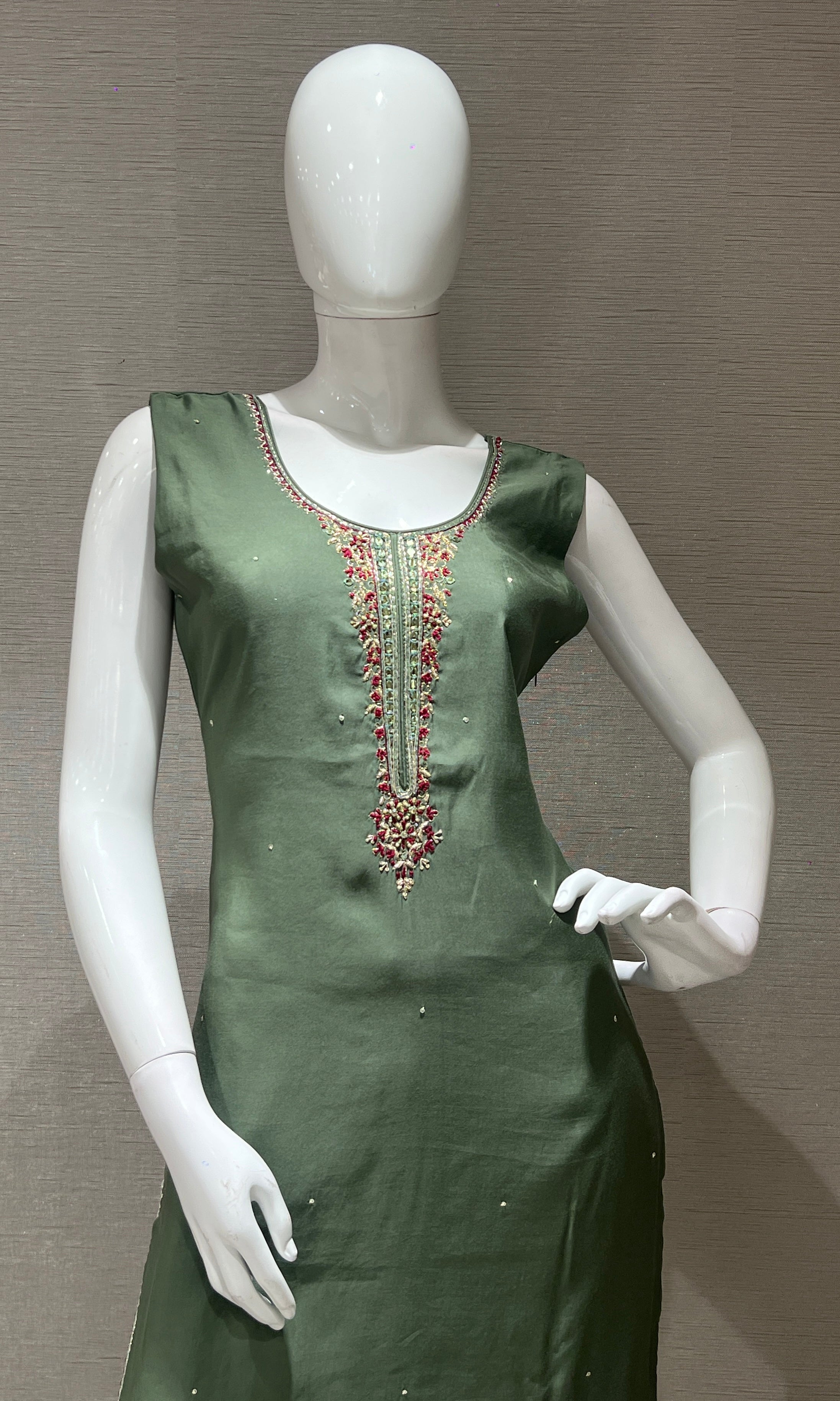 Green Embroidered Kurta Set with Woven Dupatta