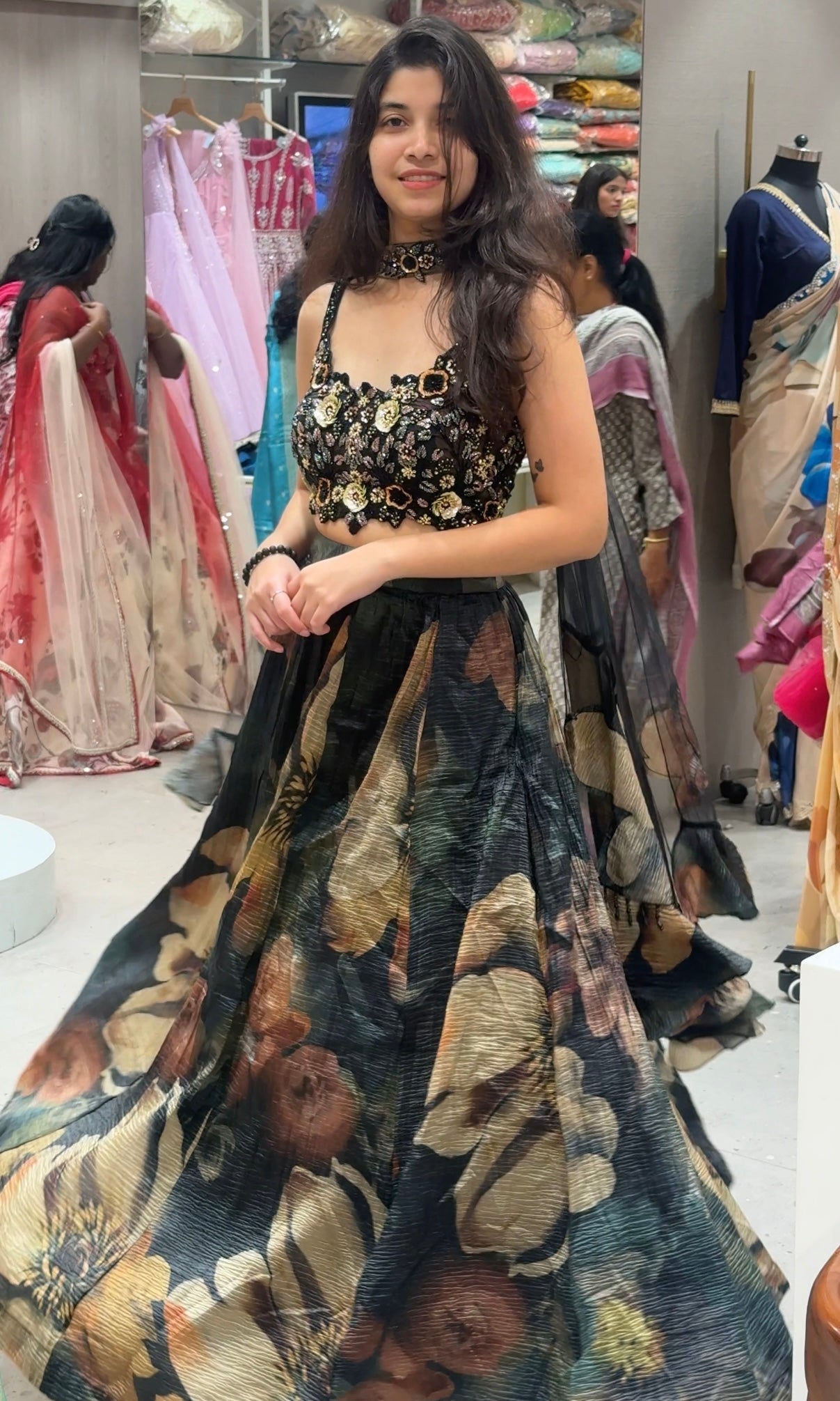 Black Embellished Floral Lehenga