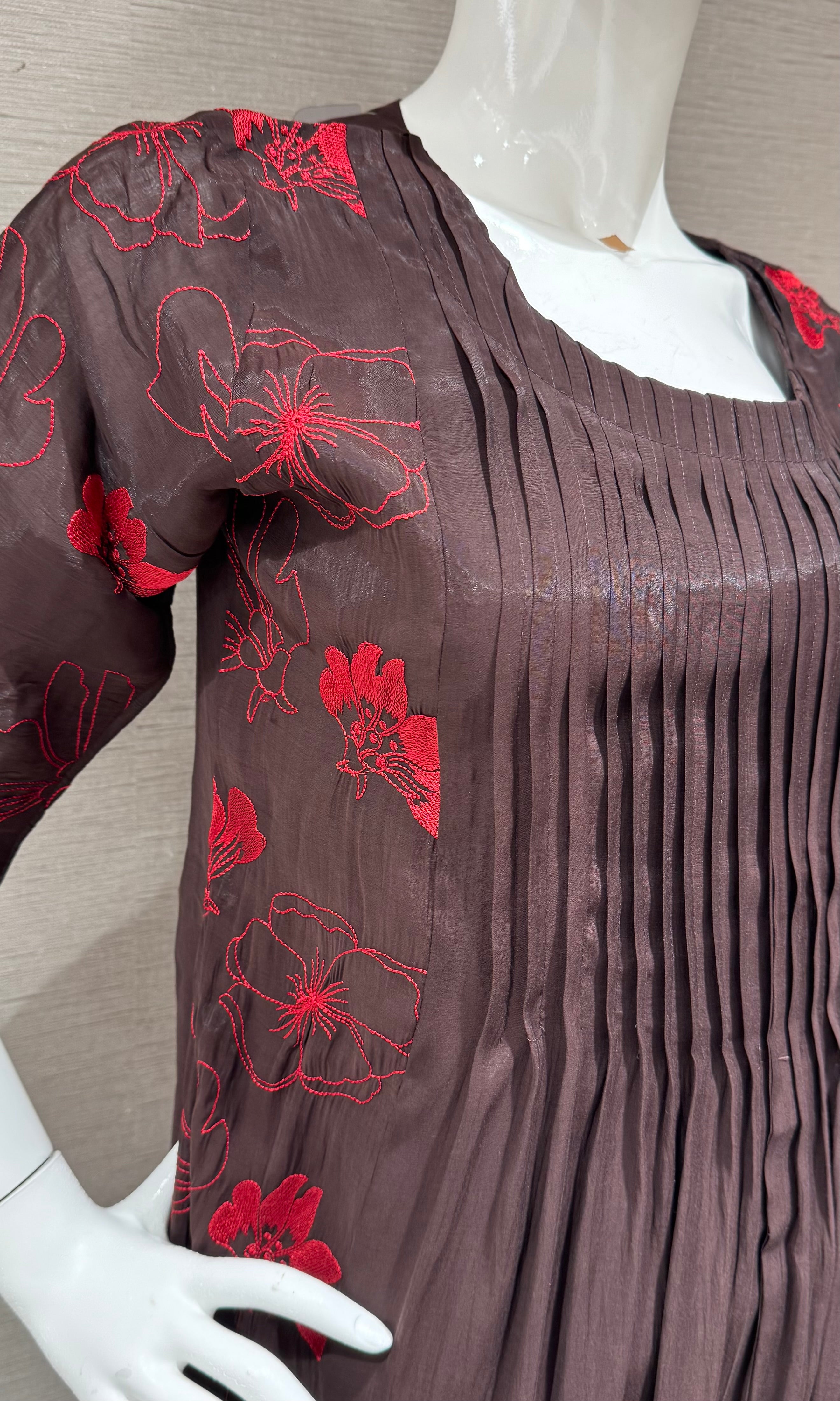 Deep Brown Floral Mul chanderi Kurta Set with Dupatta