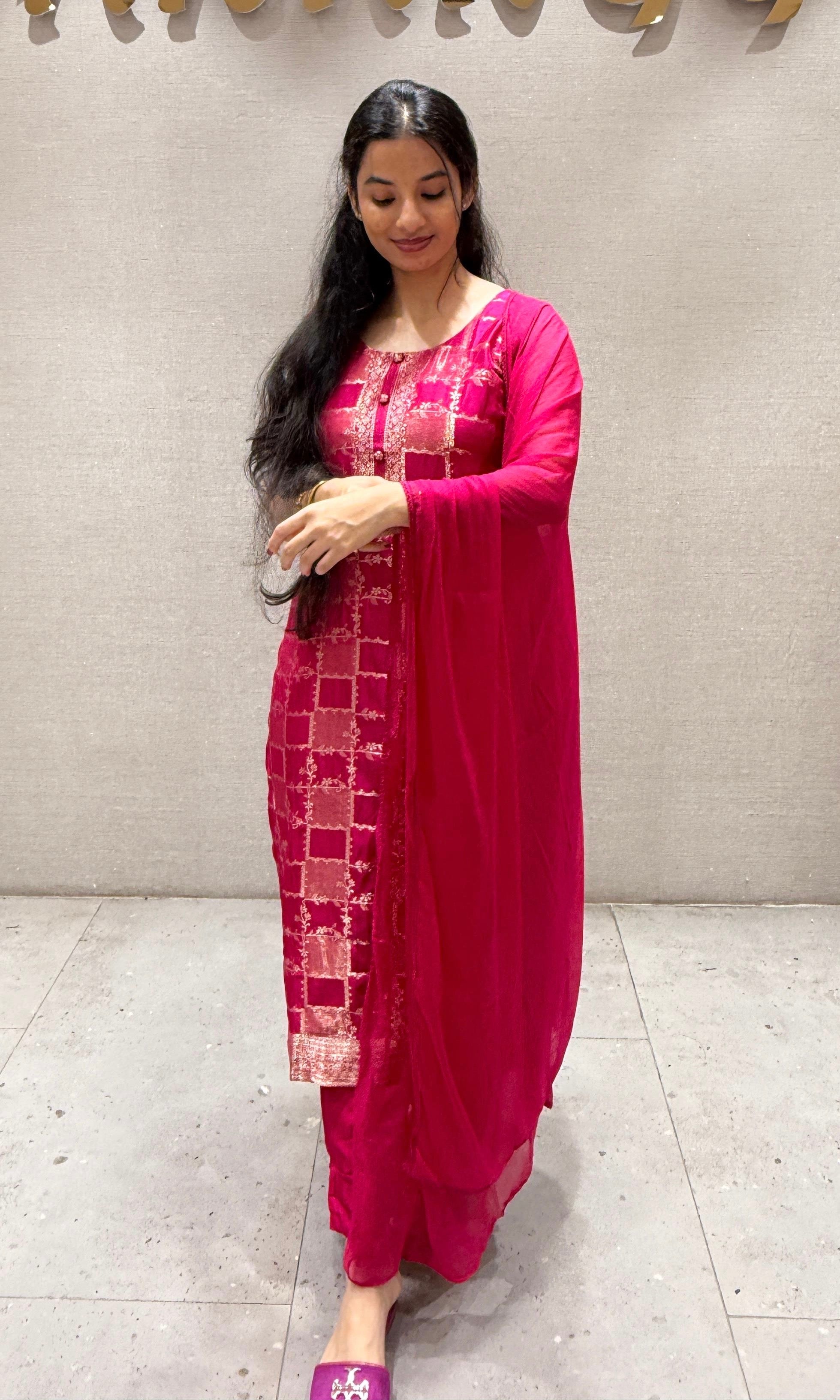 Rani Pink Silk Embroidered Zari Kurta Set