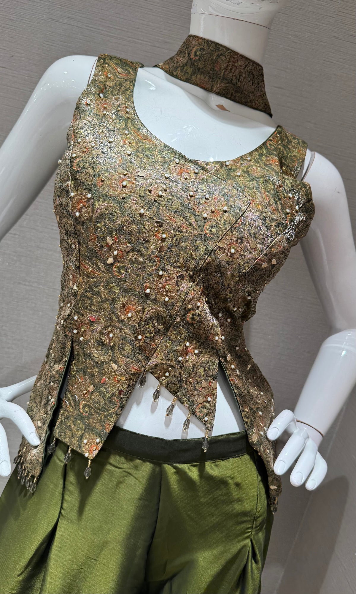 Olive Green Georgette Palazzo Set with Metallic Gold Halter Top