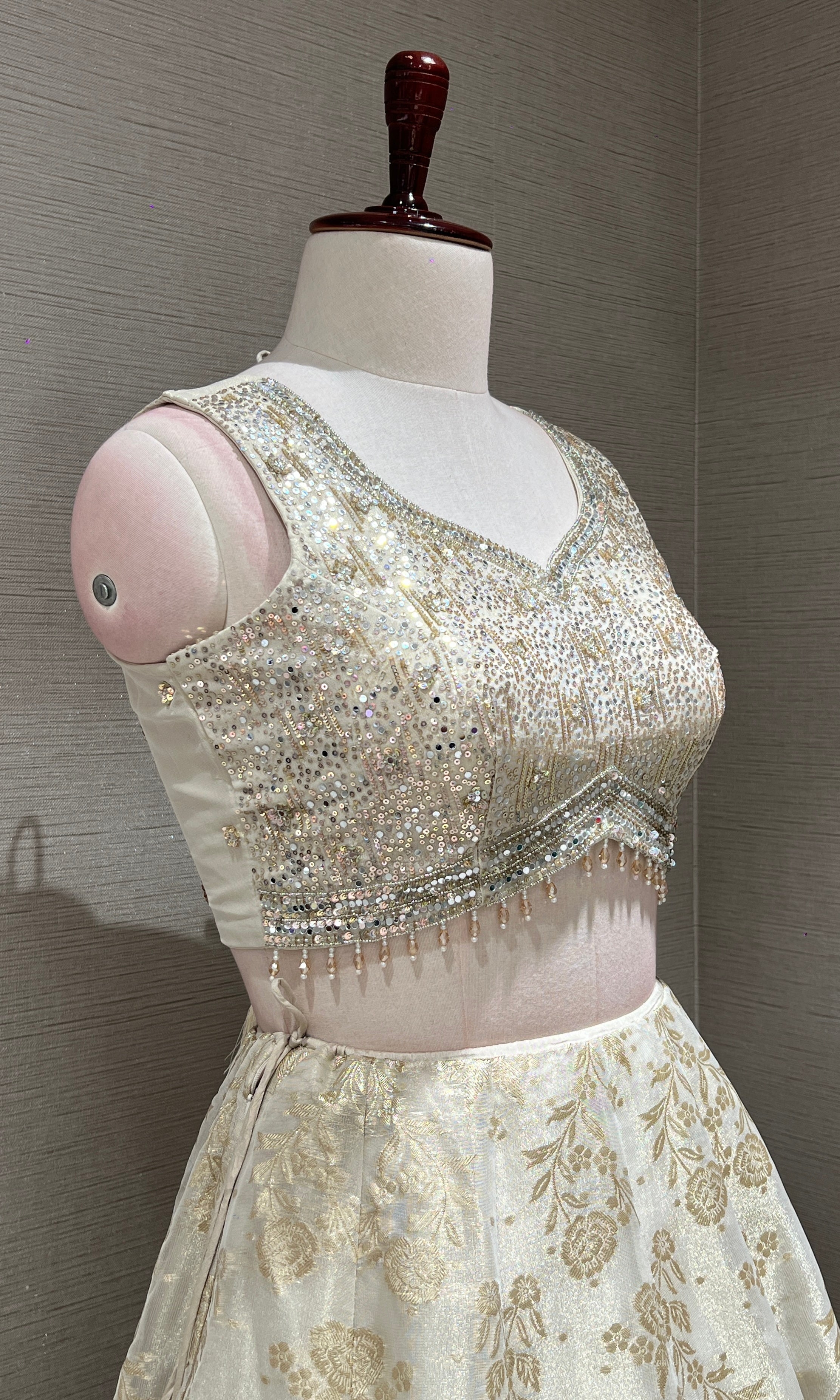 Off white Gold Lehenga with Embellished Blouse