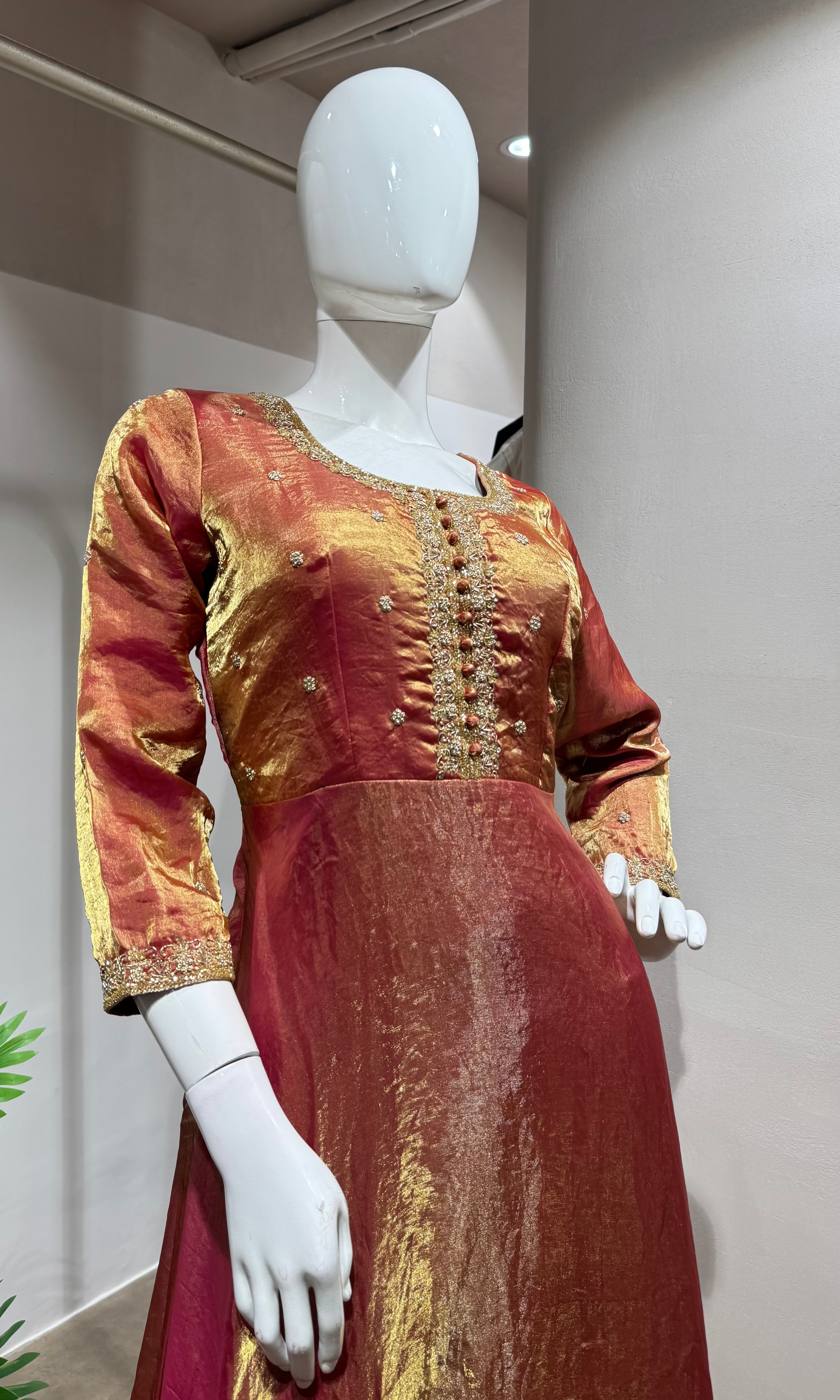 Shimmering RUST-Gold Silk Tissue Anarkali Set