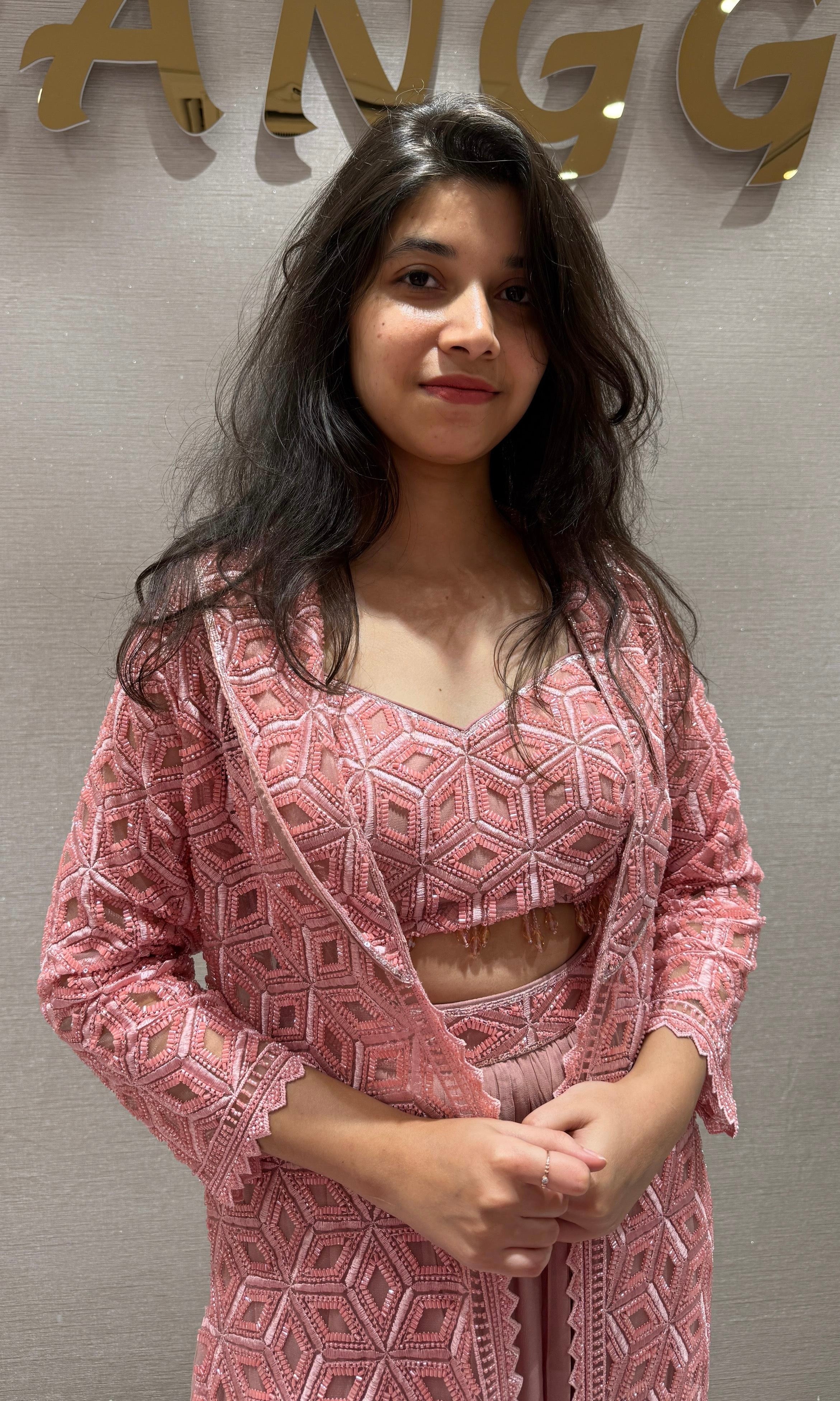 Blush Pink Garden lehenga with Long Jacket