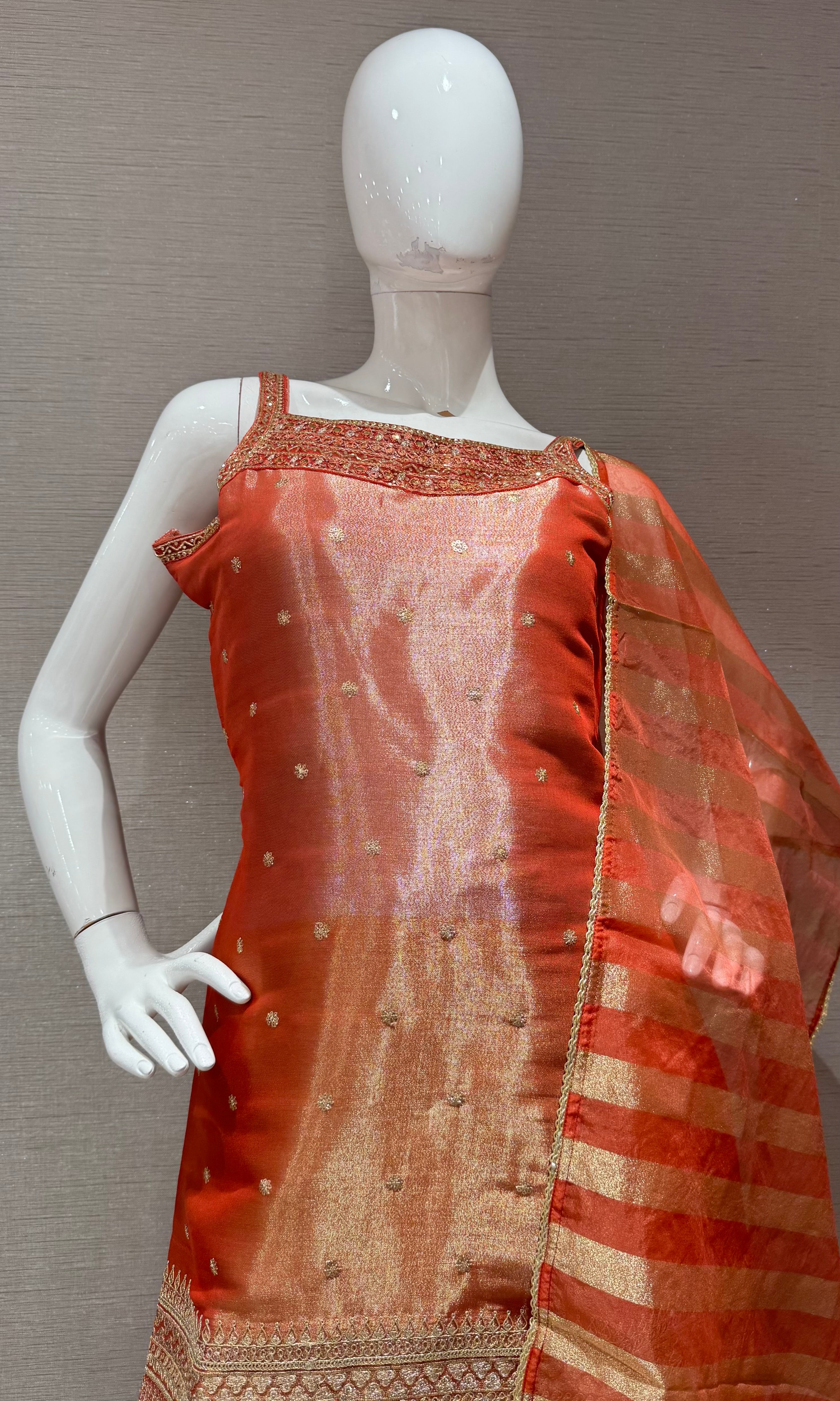 Rust and Gold Zari Sharara set with Sheer Dupatta