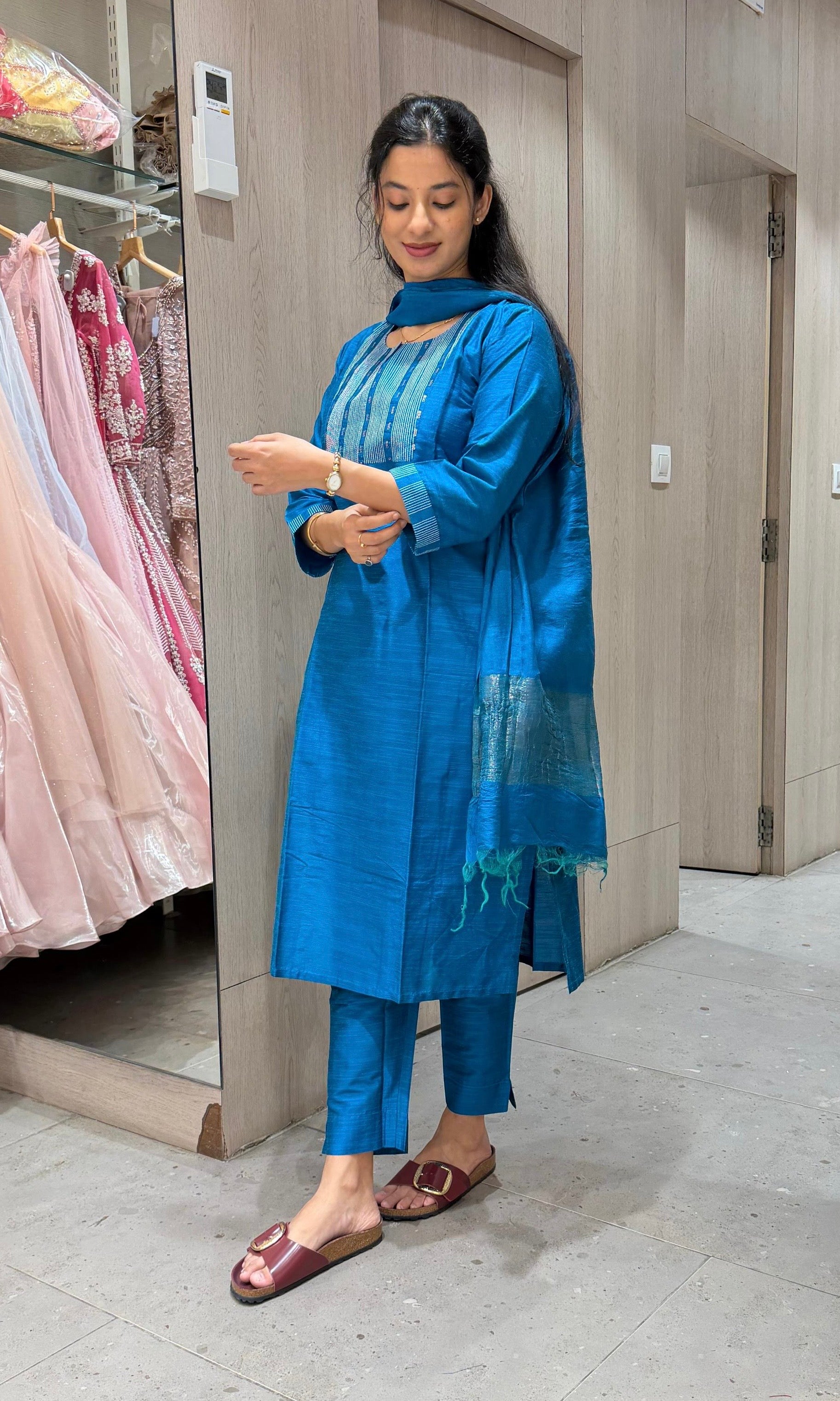 Blue Silk Straight Kurta Set with Dupatta