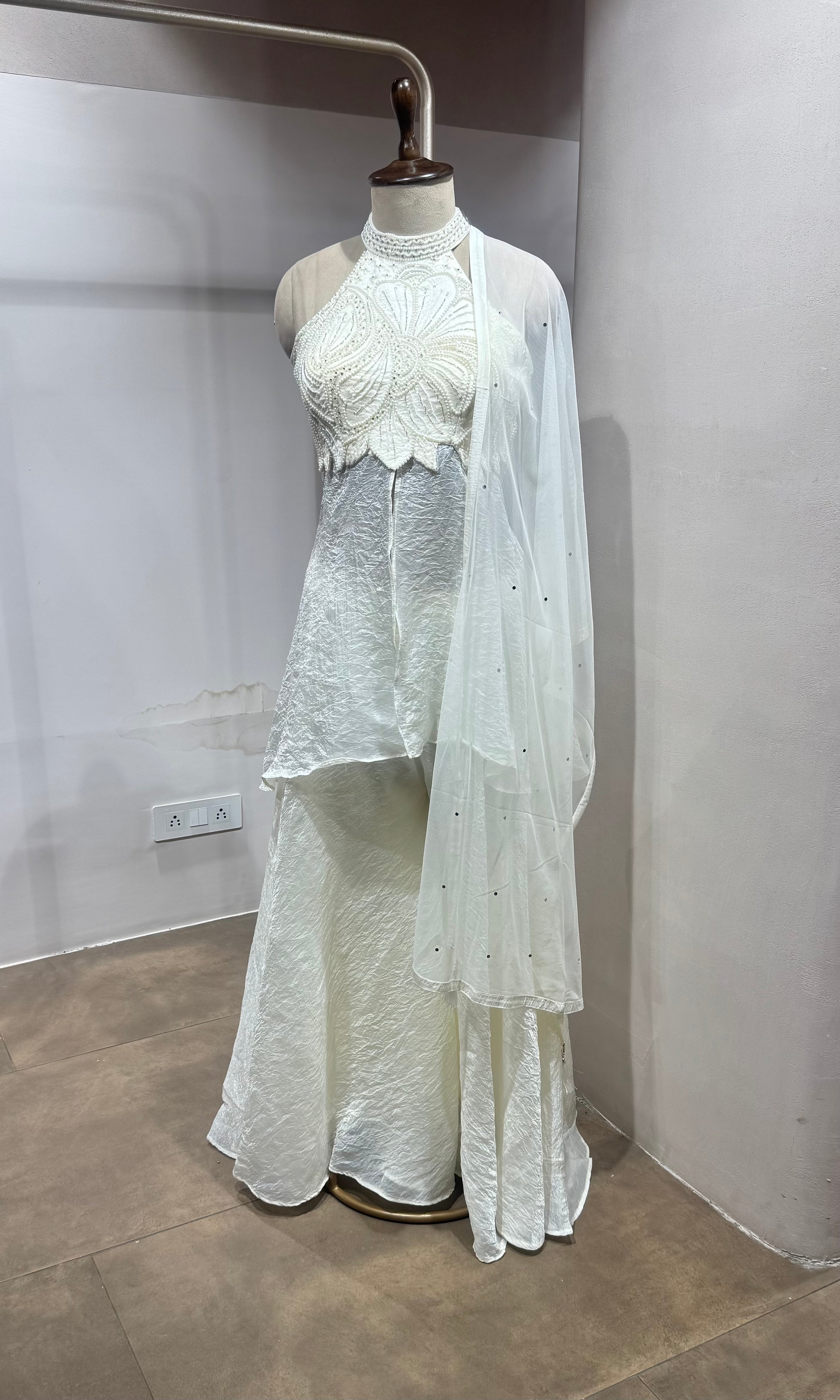 White Halter neck Embroidered peplum palazzo set