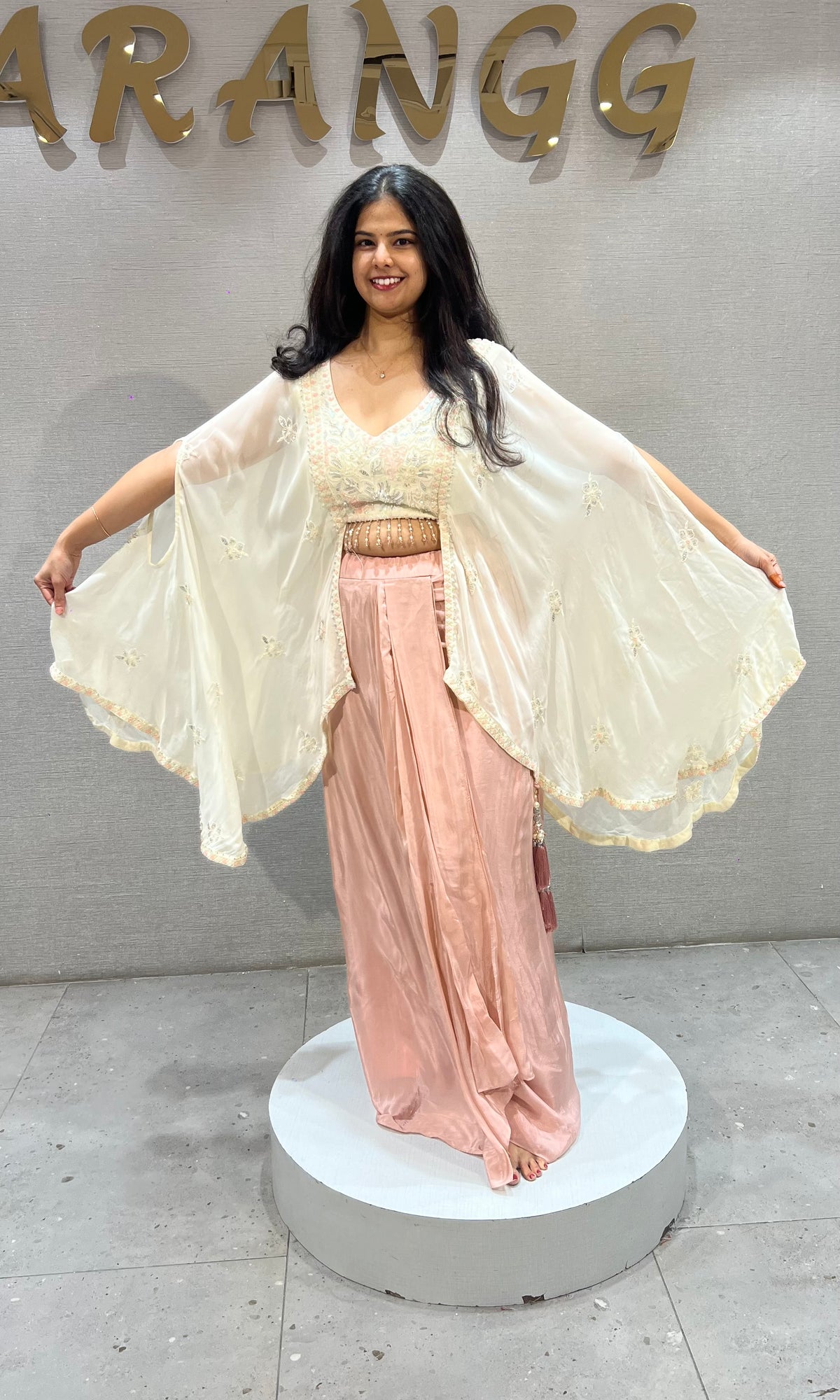 Cream satin Crop Top with Flowing Overlay Cape & Draped Skirt
