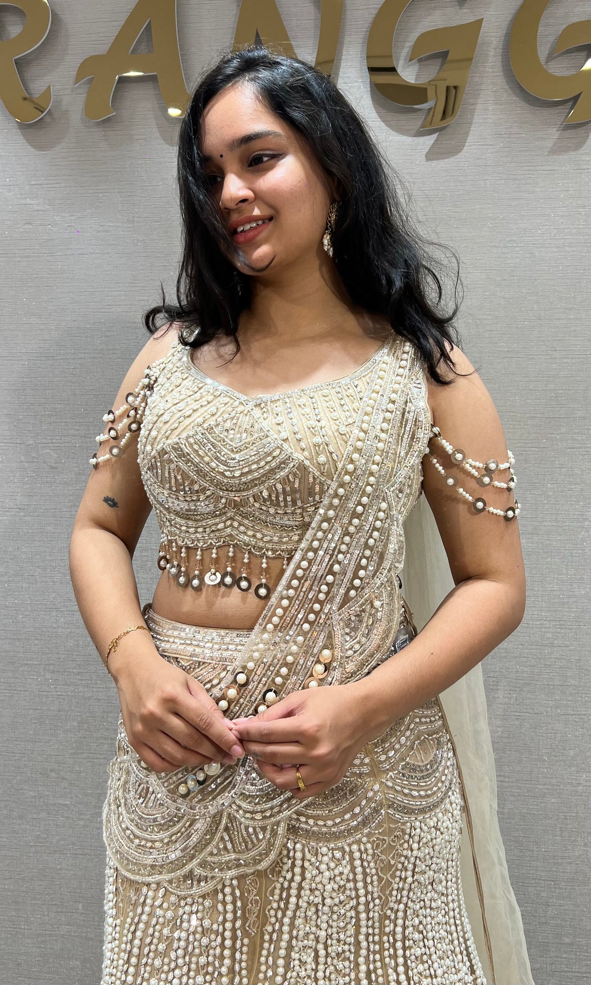 Beige fish cut Sequin Bridal Lehenga Set