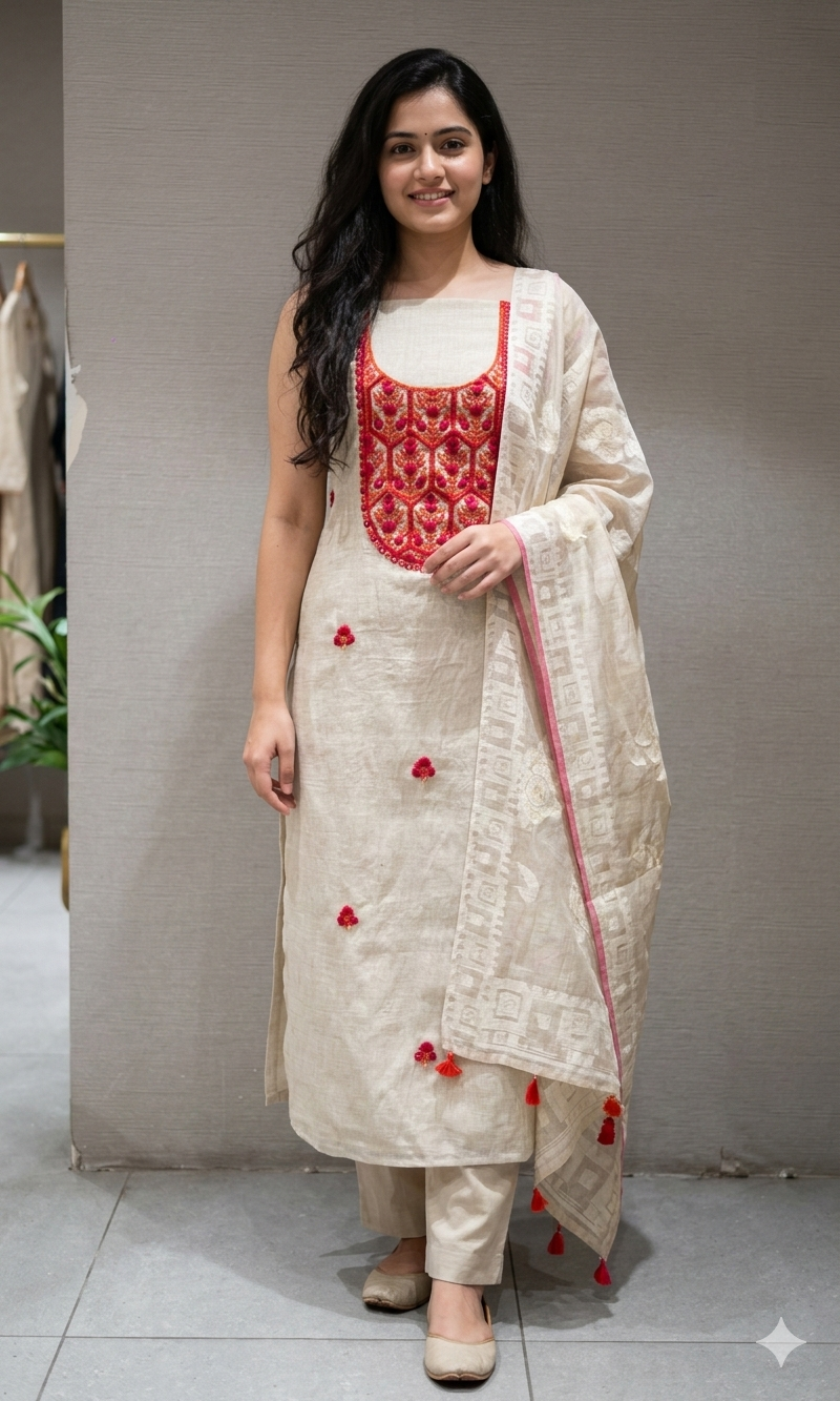 RED FLORAL EMBROIDERED DRESS MATERIAL