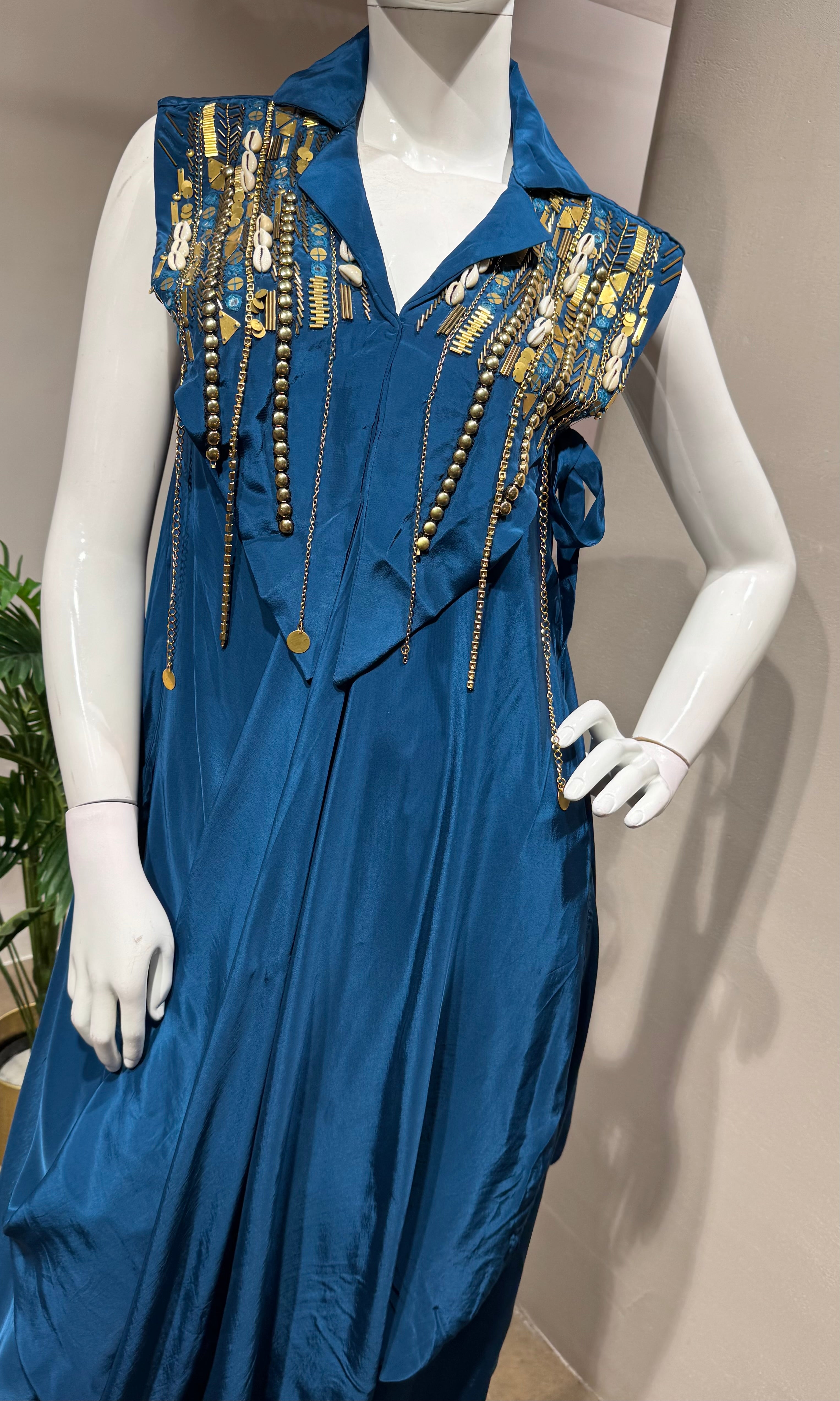 Teal Blue Embellished Draped Dothi style