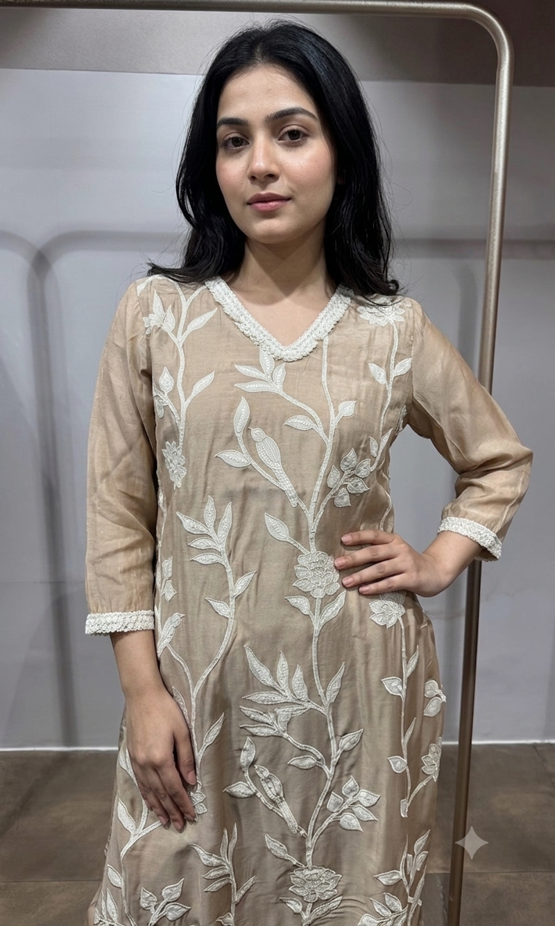 Beige kurta set WITH floral thread embroiderY