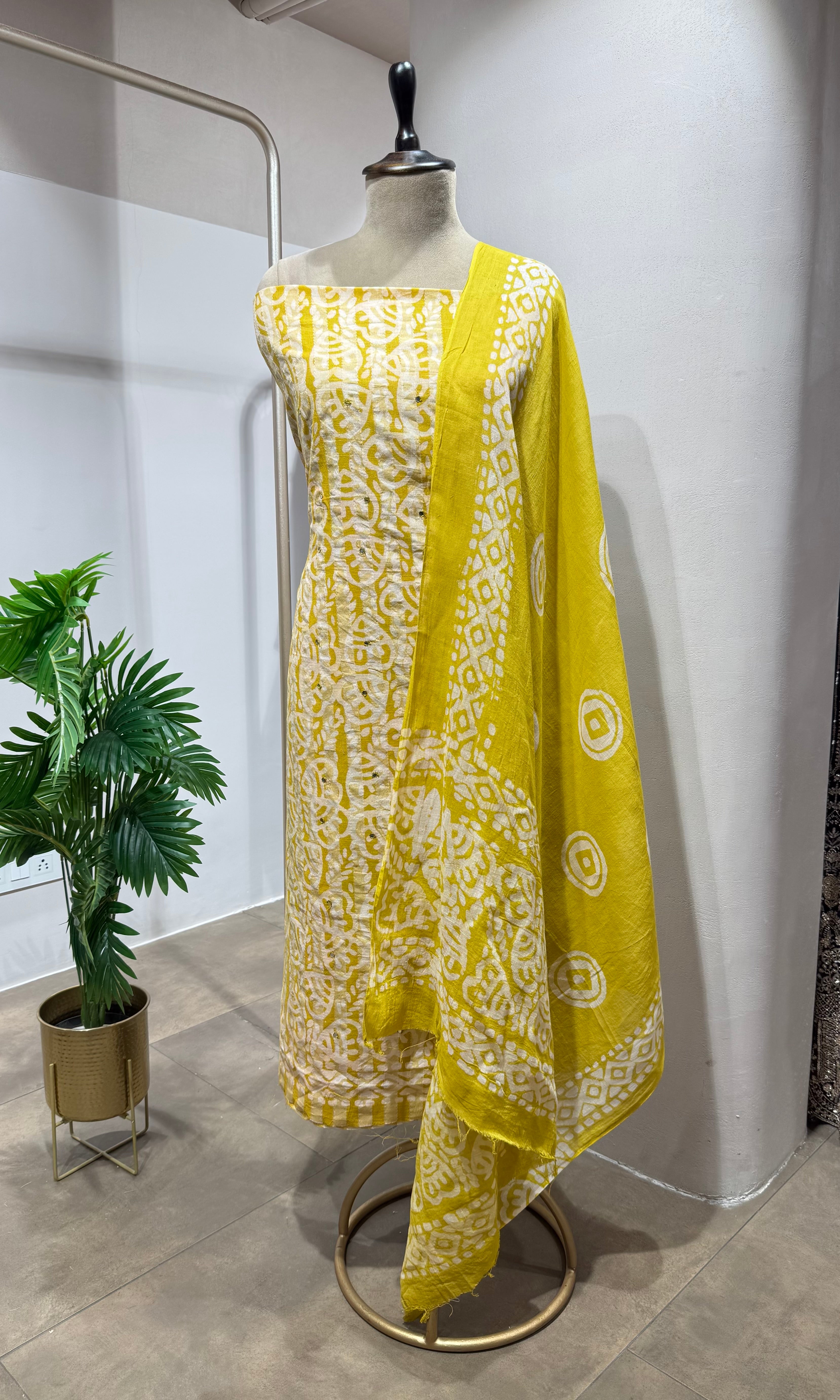 YELLOW ETHNIC PRINTED DRESS MATERIAL