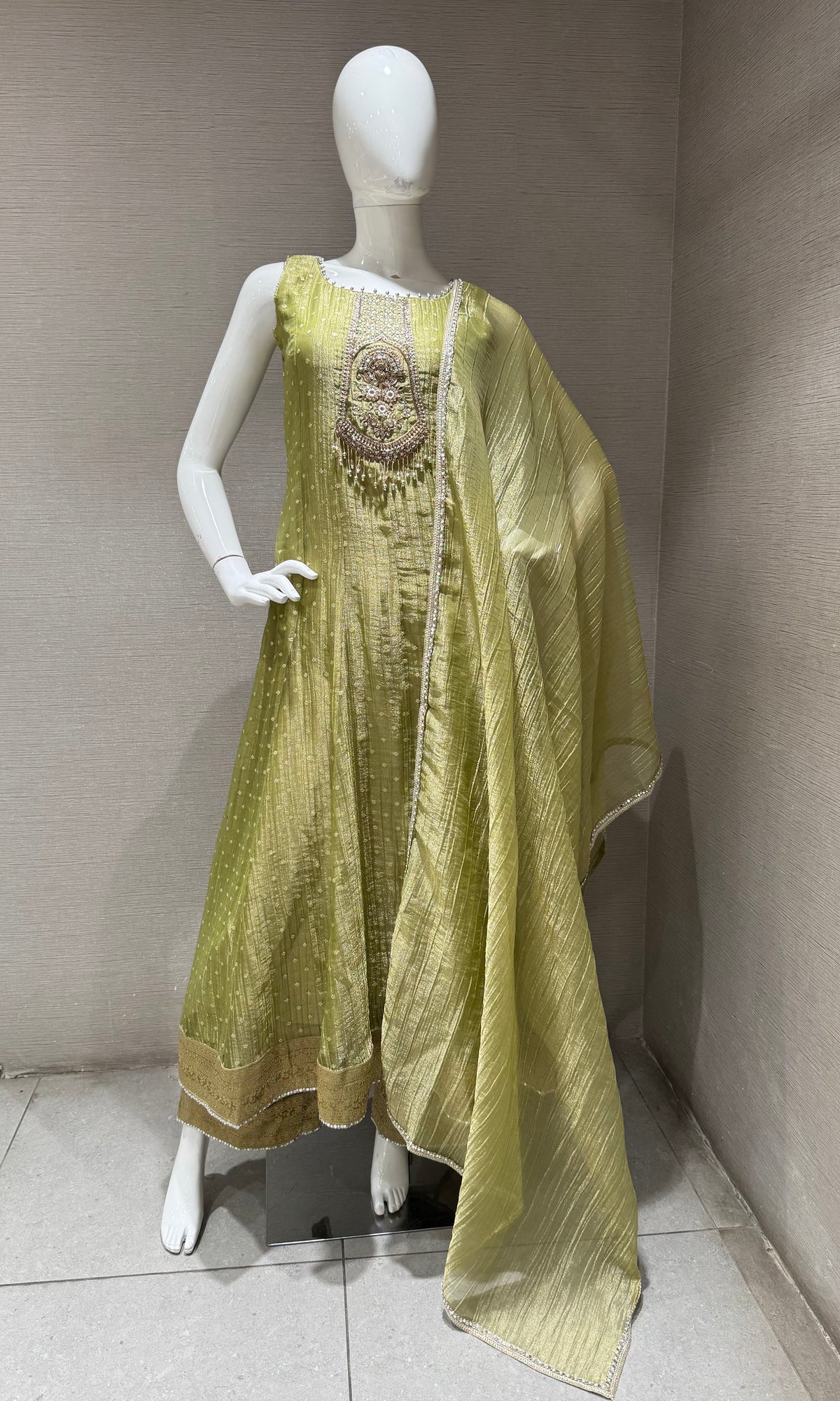 green tissue silk embroidered anarkali set with dupatta
