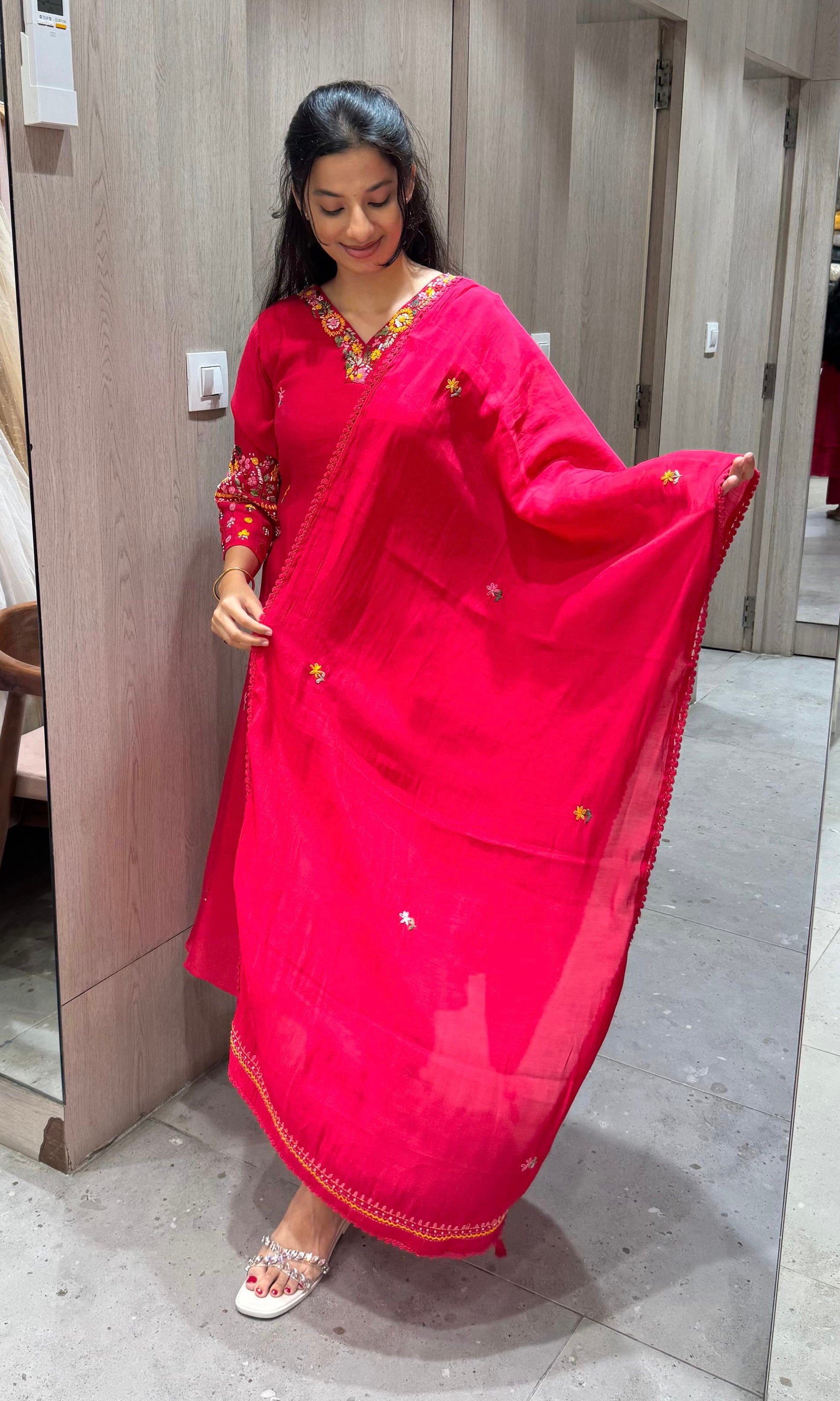 Pink Floral Neckline Kurta Set