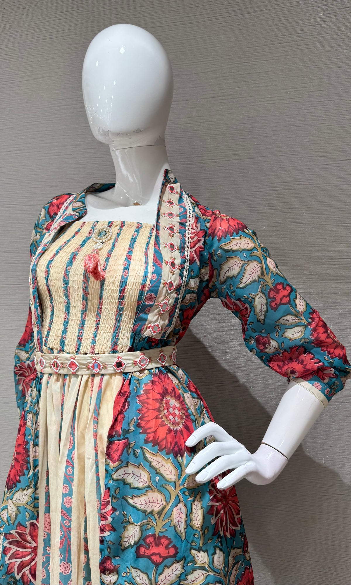 Teal Blue & Red Floral Dress with Striped Front Panel