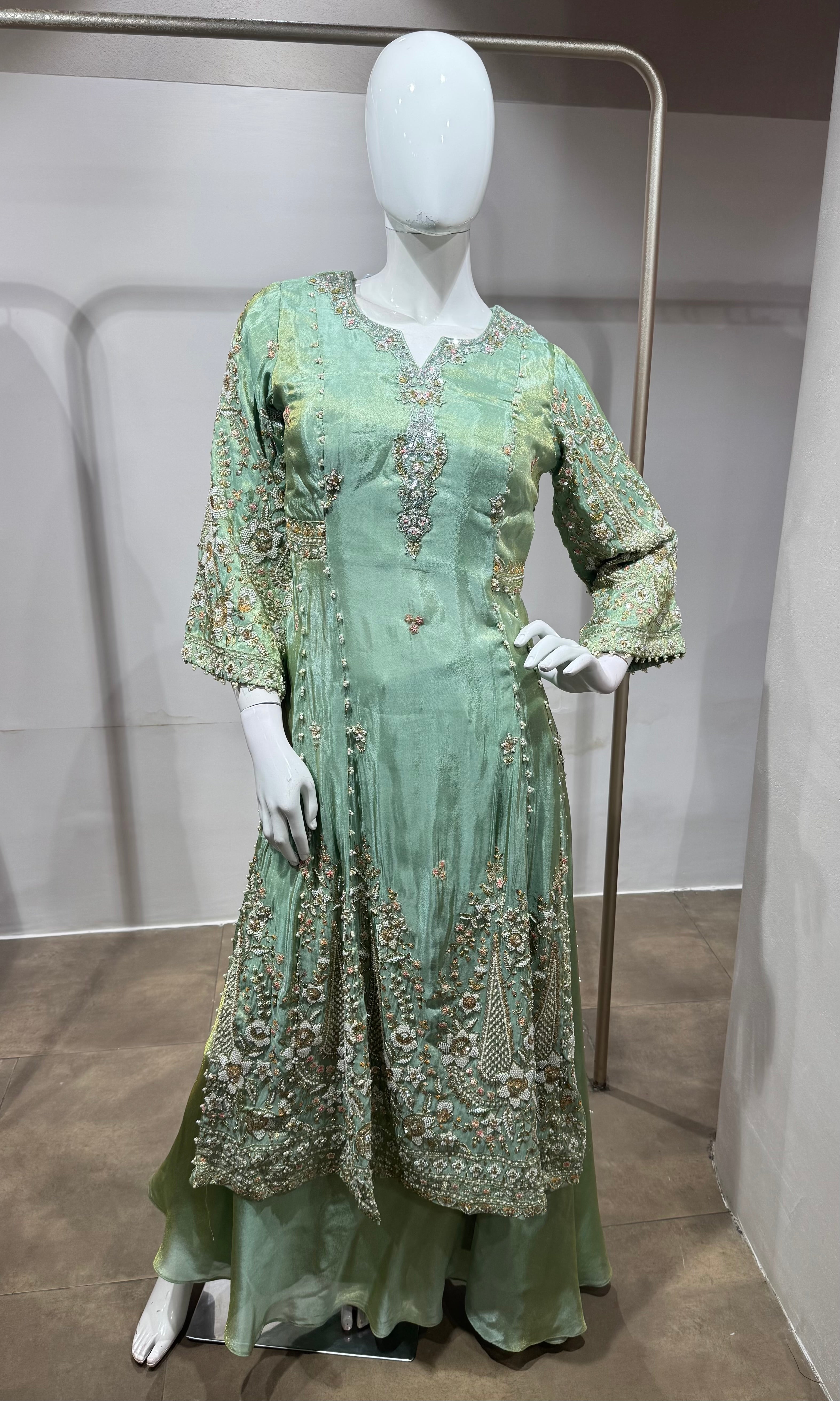 Pista green Embroidered Silk Nyra cut palazzo set