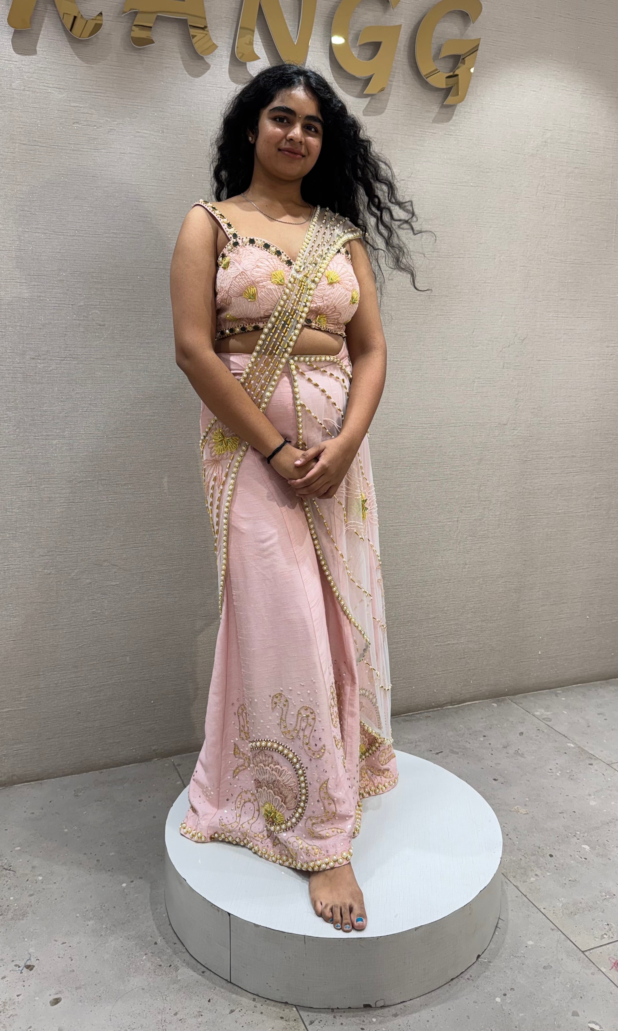 Baby pink palazzo with draped pallu