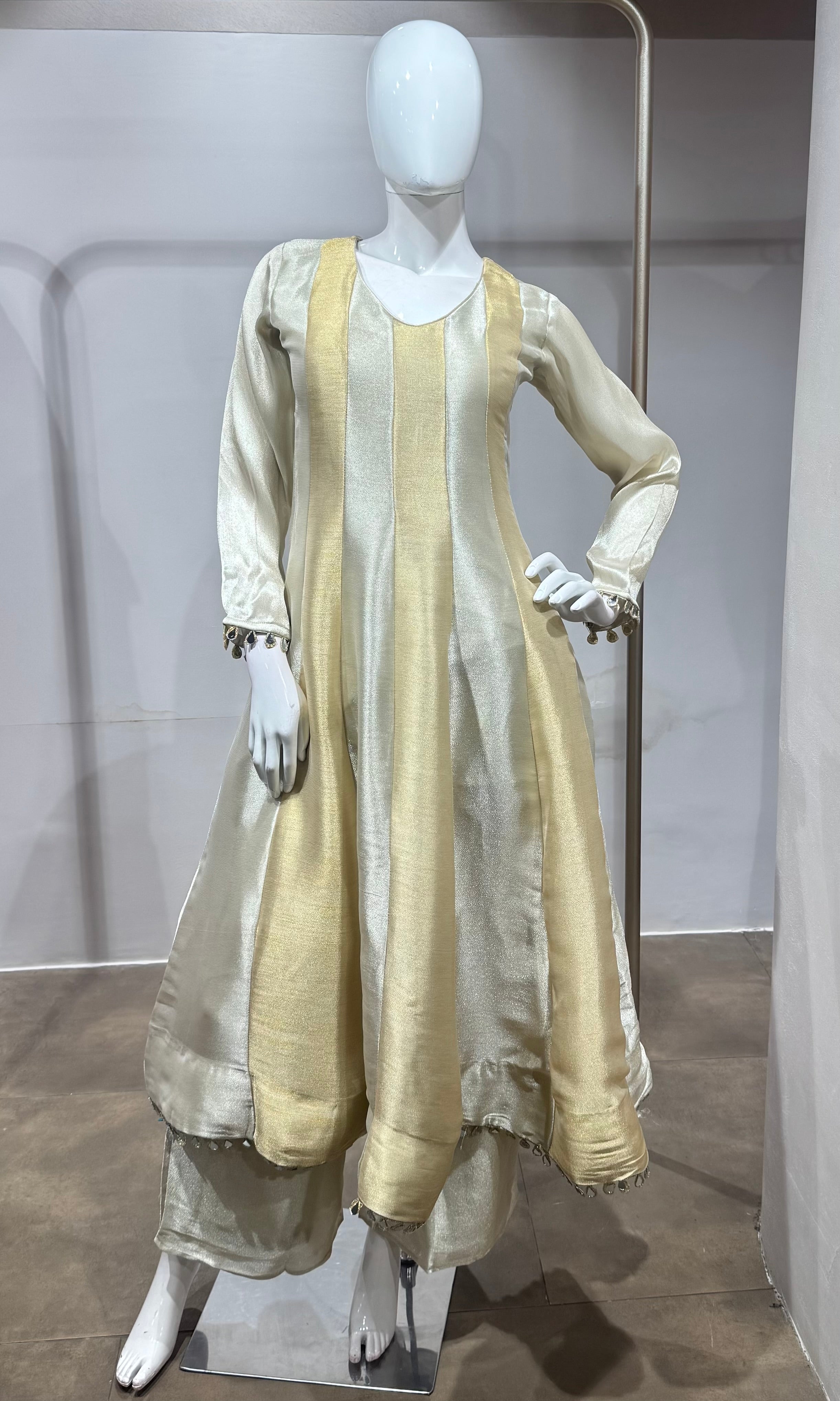 Cream golden tissue anarkali set