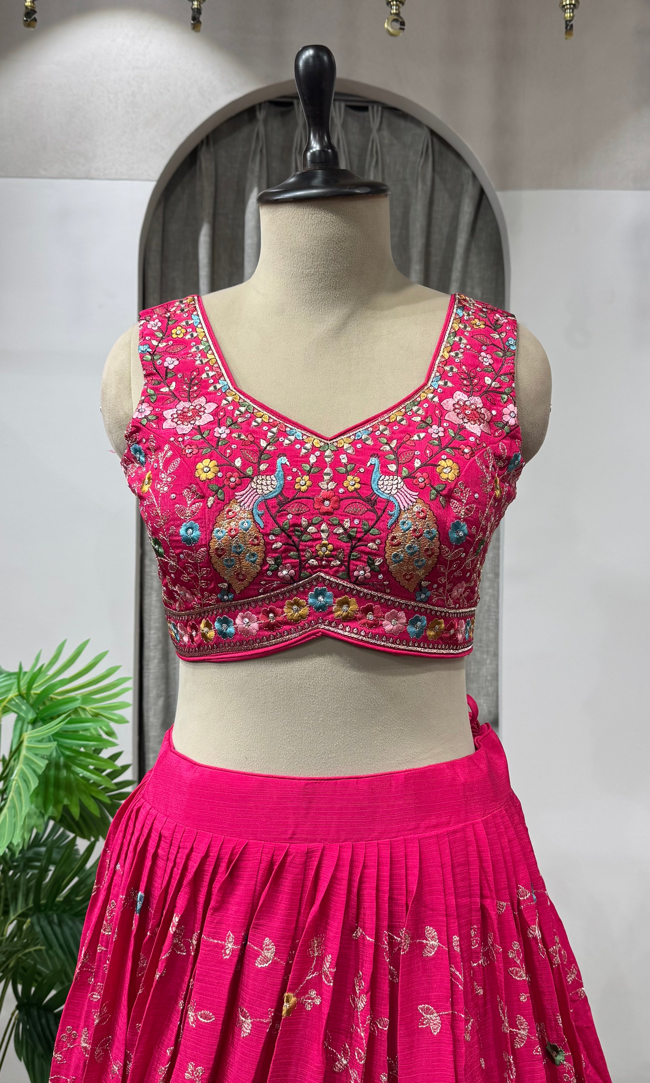 Fuchsia pink floral embroidered Lehenga set