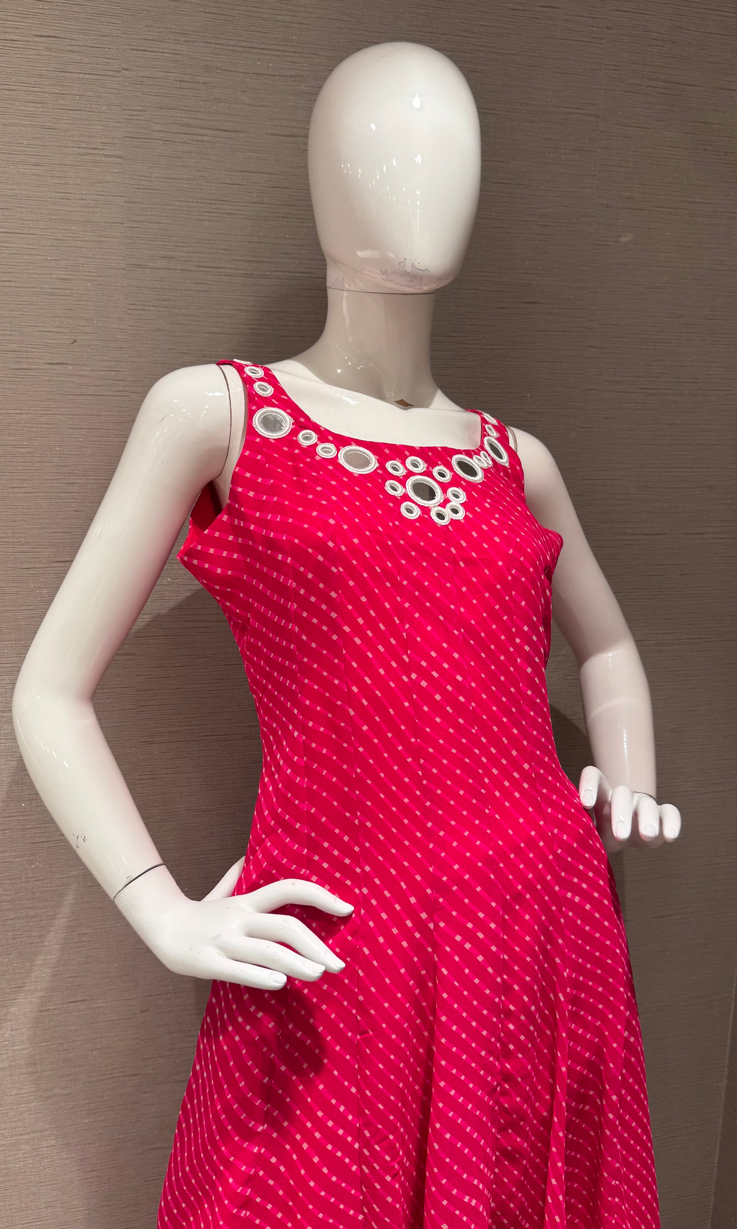 PINK bandhani print and intricate mirror anarkali set